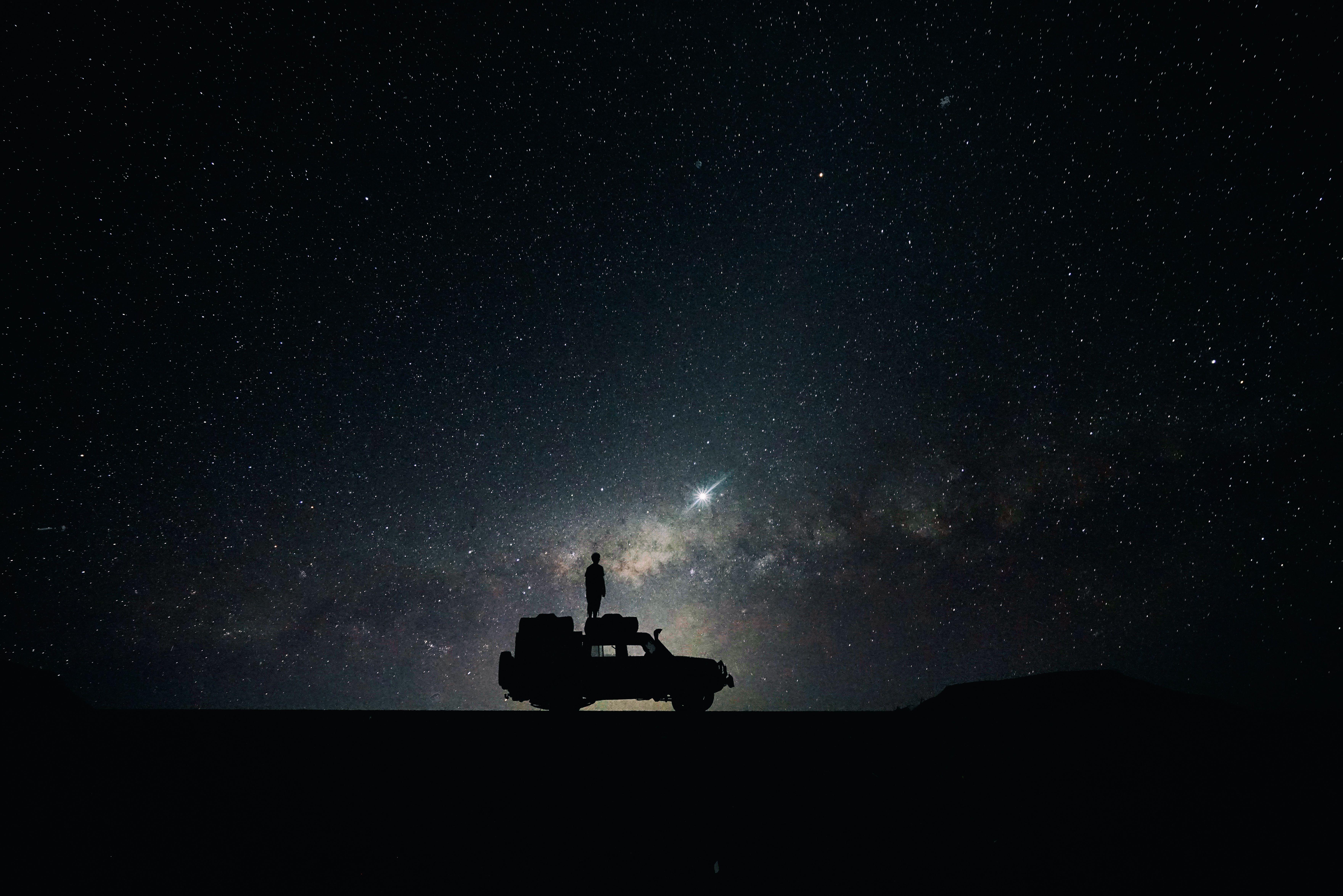 Download wallpaper 7042x4699 stars, sky, space, car HD background