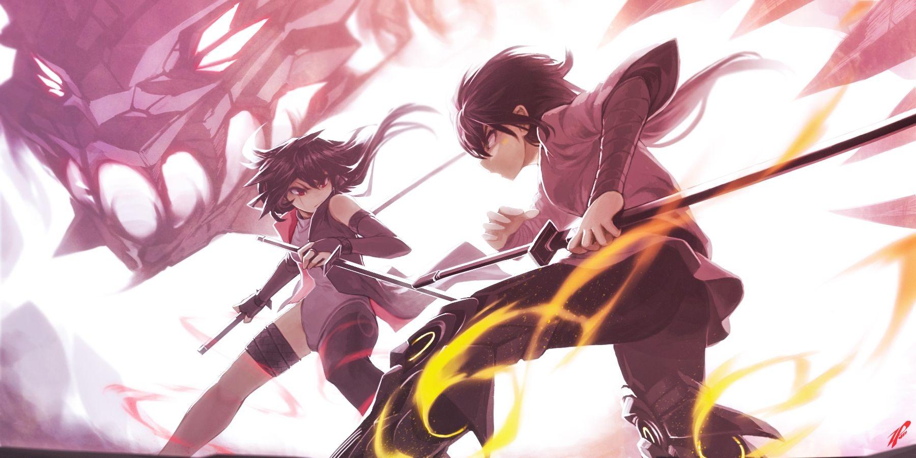 Wallpaper Anime Battle, Katana, Fighting, Dragon, Fire