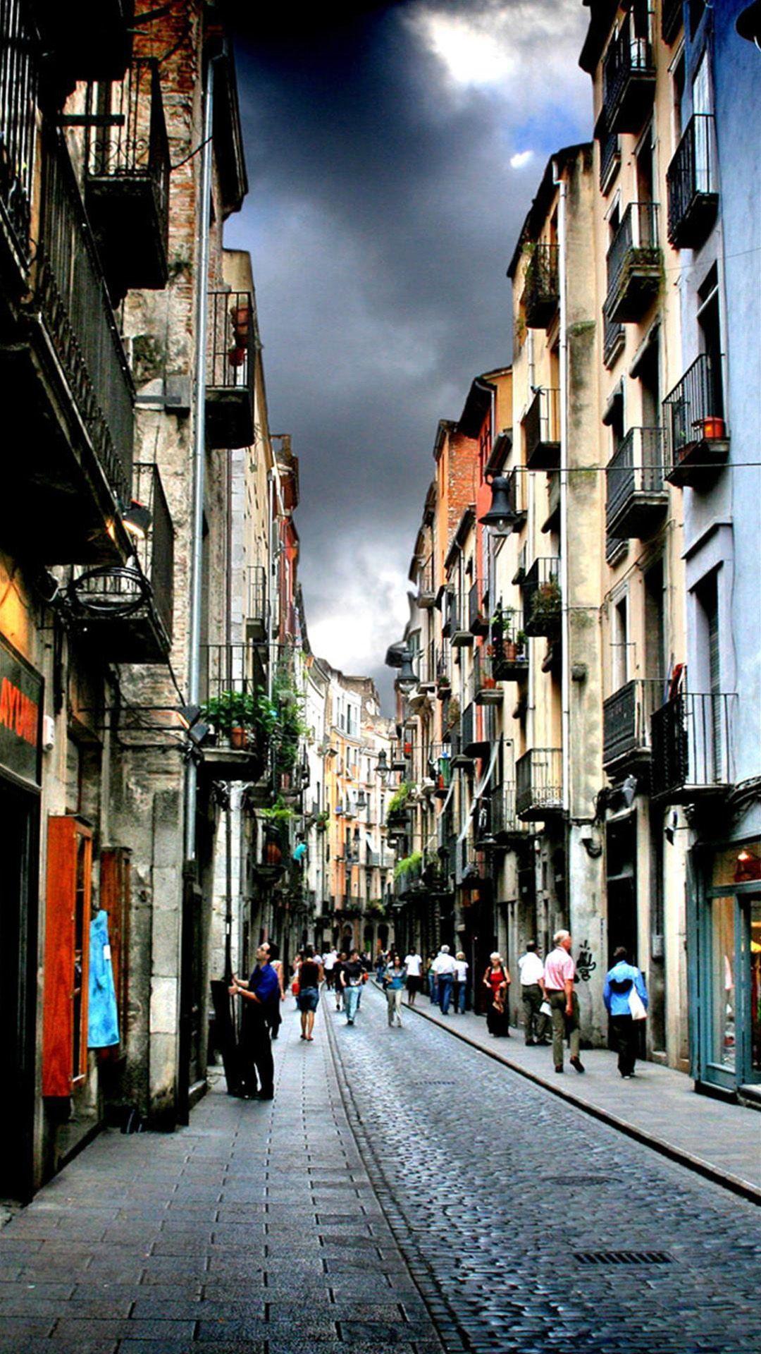 Narrow Street In Girona Spain Android Wallpaper free download