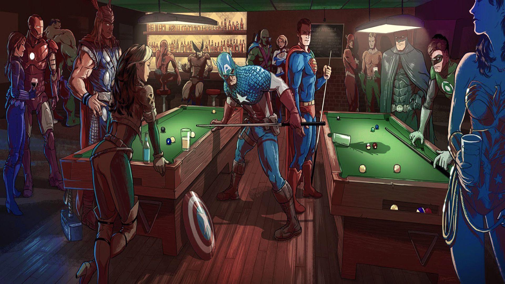 DC Comic versus Marvel fight in a Bar HD Desktop Wallpaper