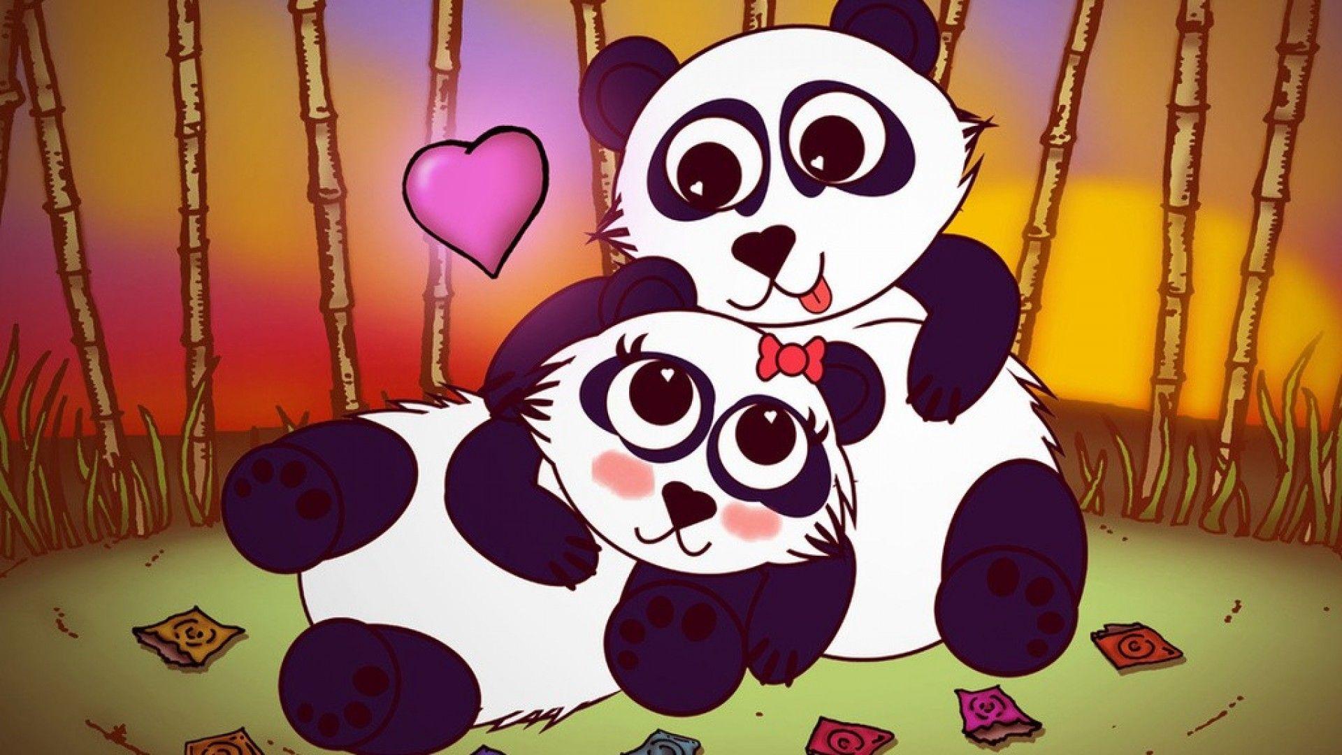 Simply: Panda love heart couple desktop bakcgrounds