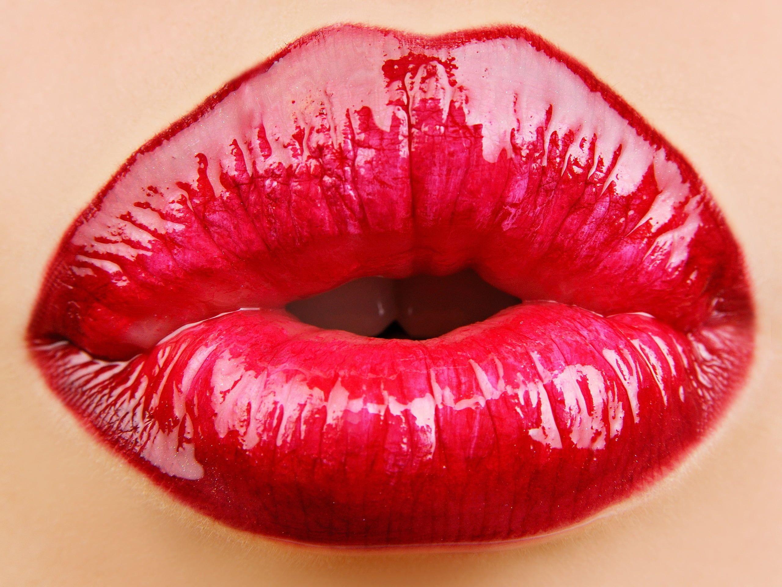 Selective Focus Close Up Photo Of Shiny Red Lips HD Wallpaper