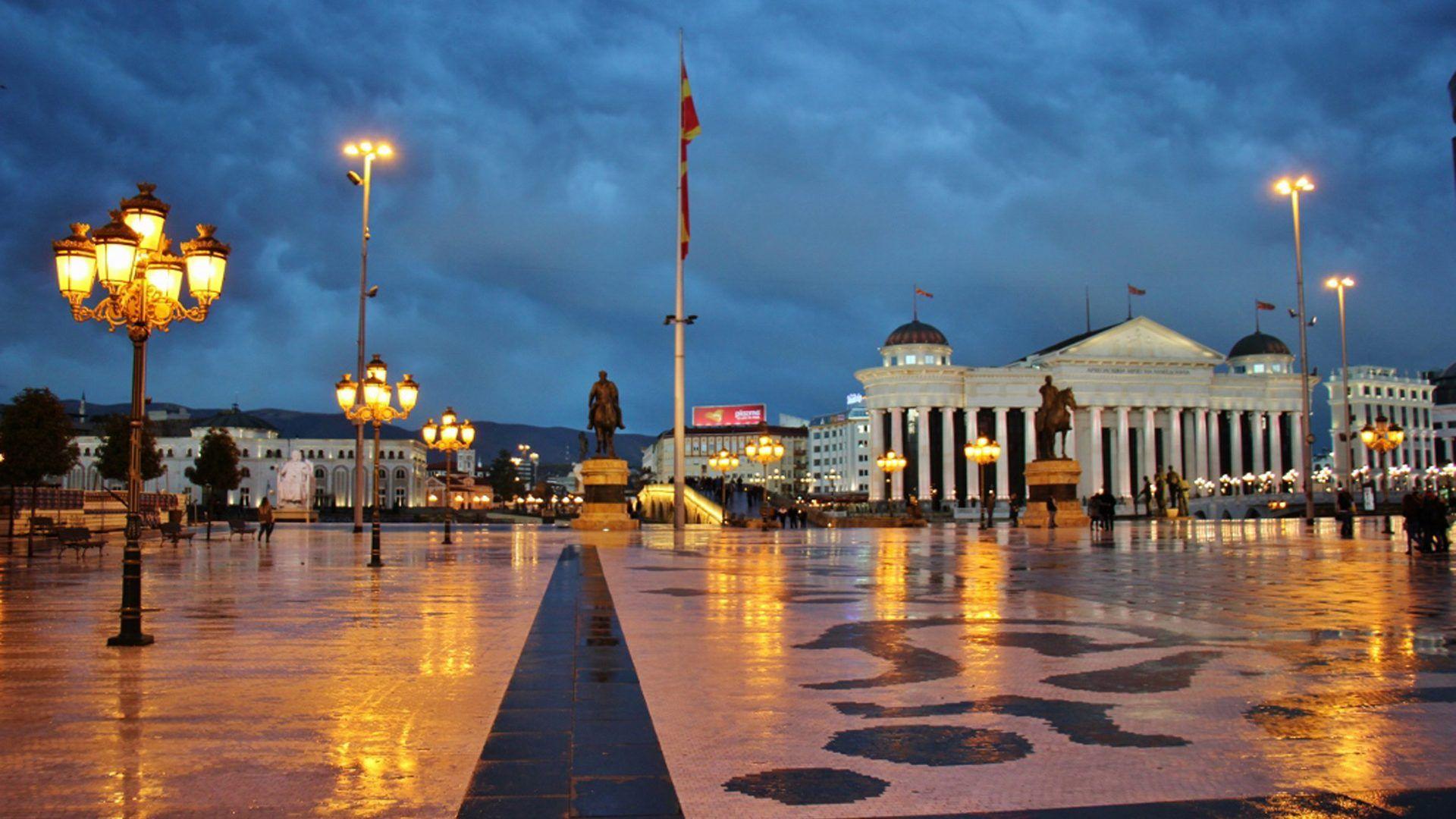 Square And Museum Of Archeology At Night Skopje Republic Of