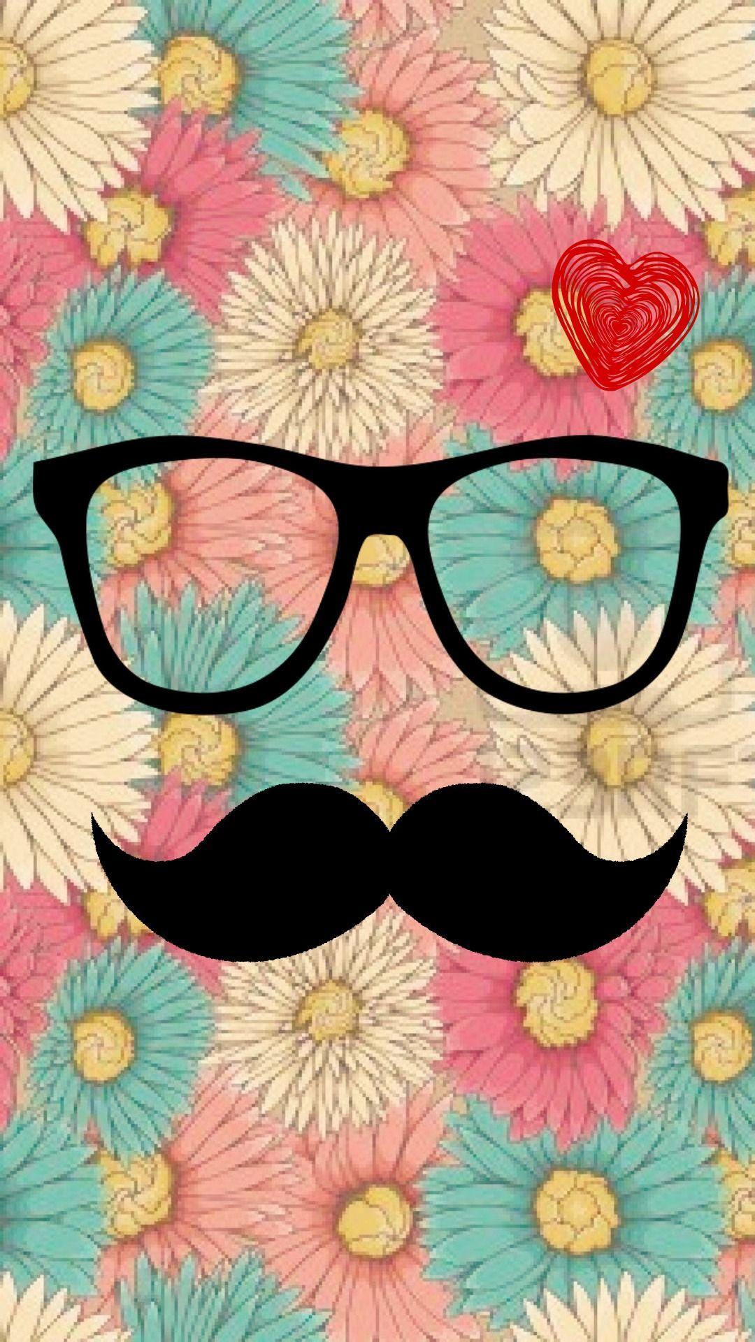 hipster mostacho- vintage flower vintage- wallpaper