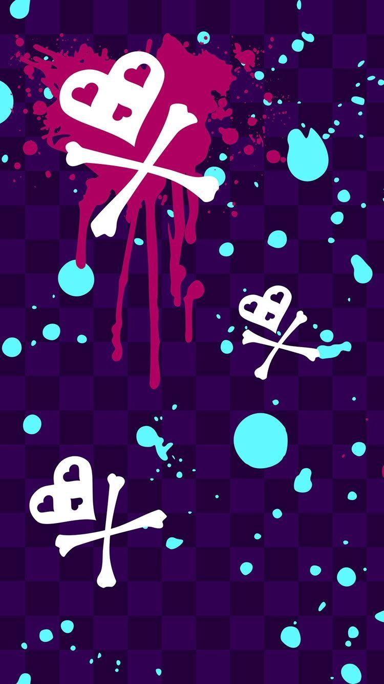 Cool hearts scull and bones at colorful splashes background