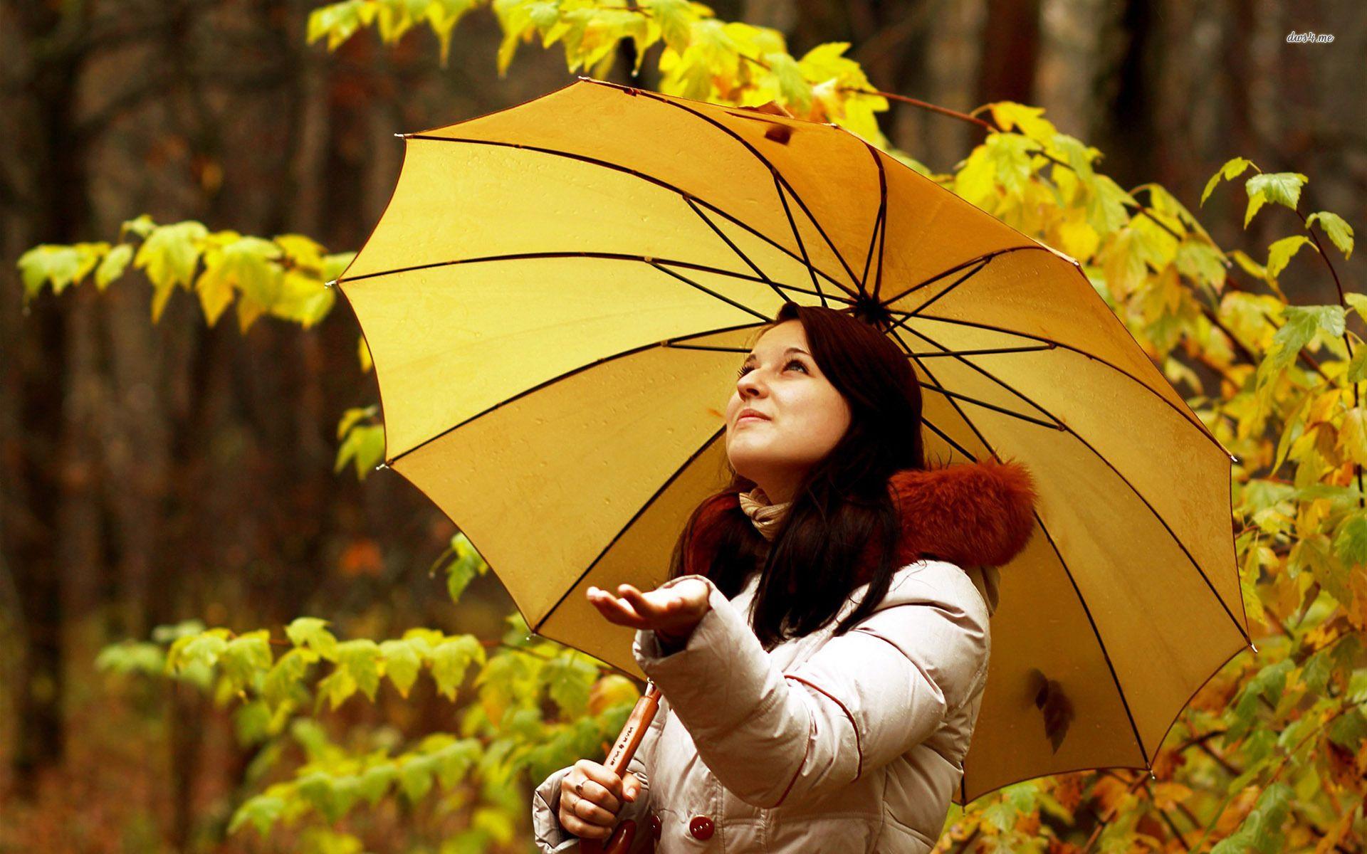 Girl with a yellow umbrella under the autumn rain wallpaper