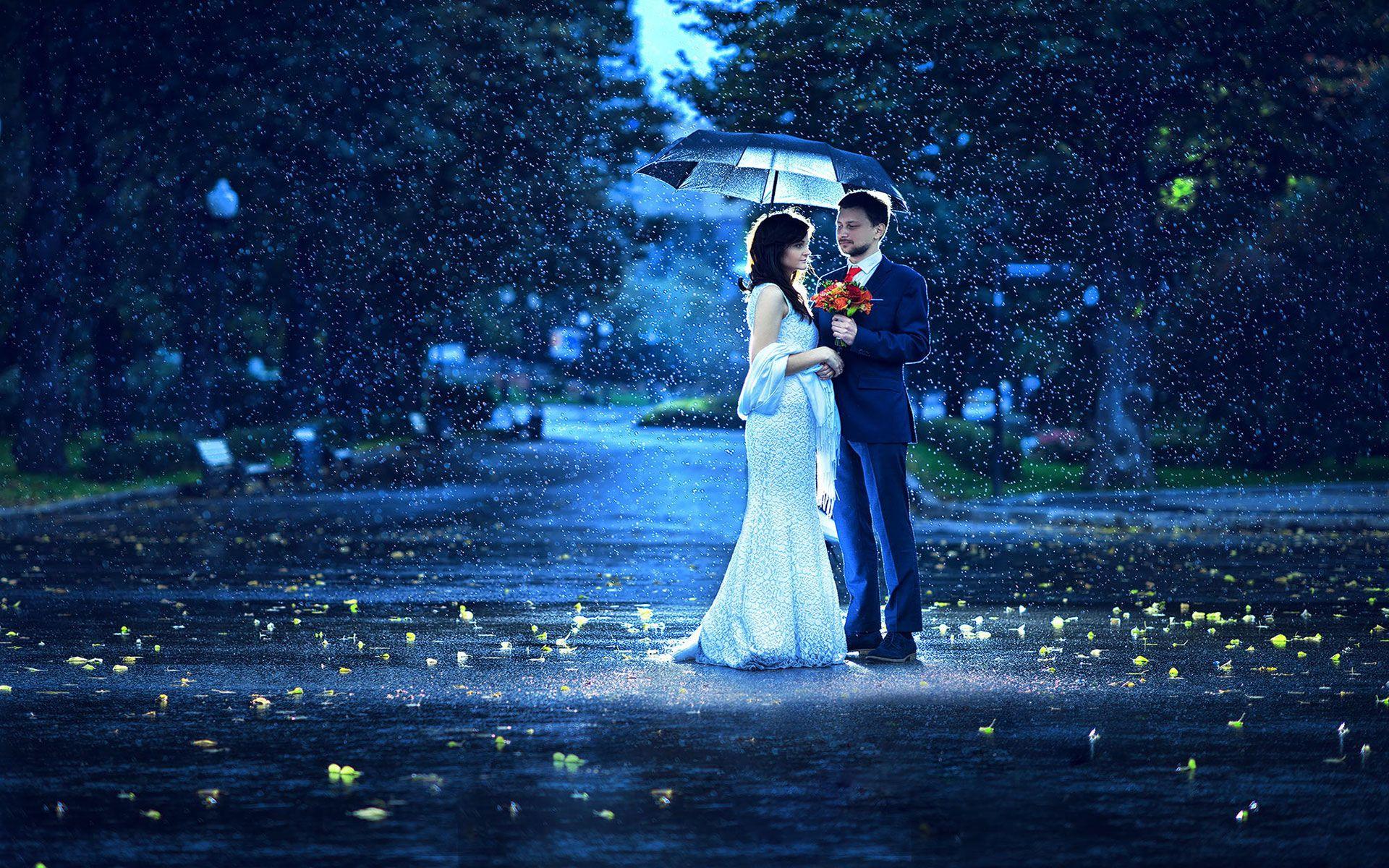 Romantic Couple With Quotes In Rain