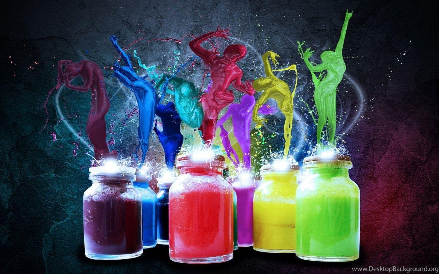3D multi color bottles colors spring with black background HD