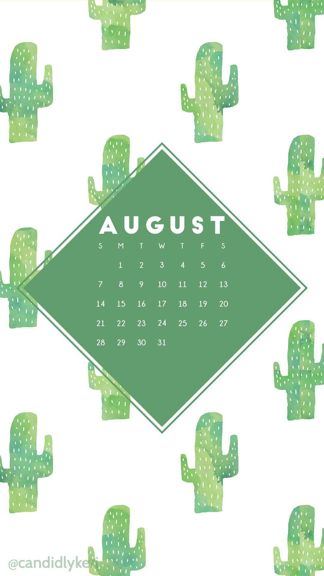 Cactus fun cacti green watercolor background August calendar 2016