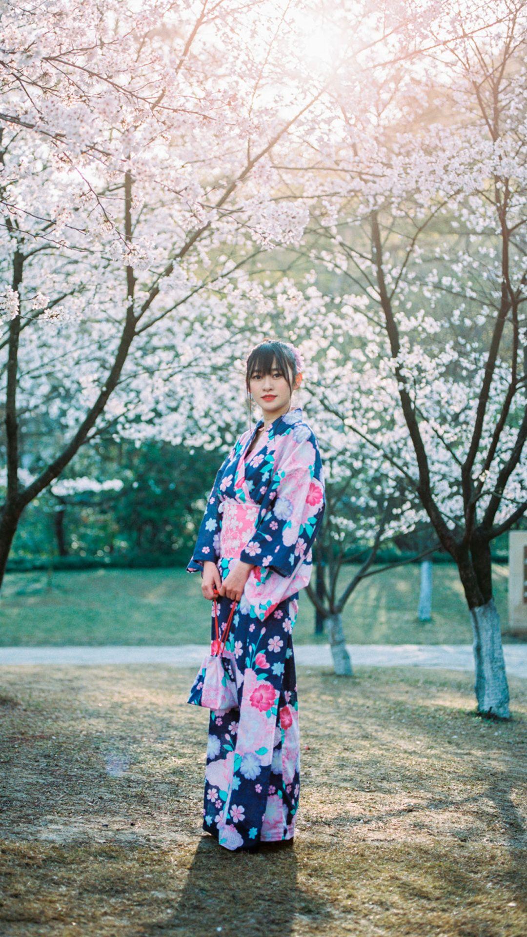 Japanese Girl in Kimono Sakura Android wallpaper HD wallpaper