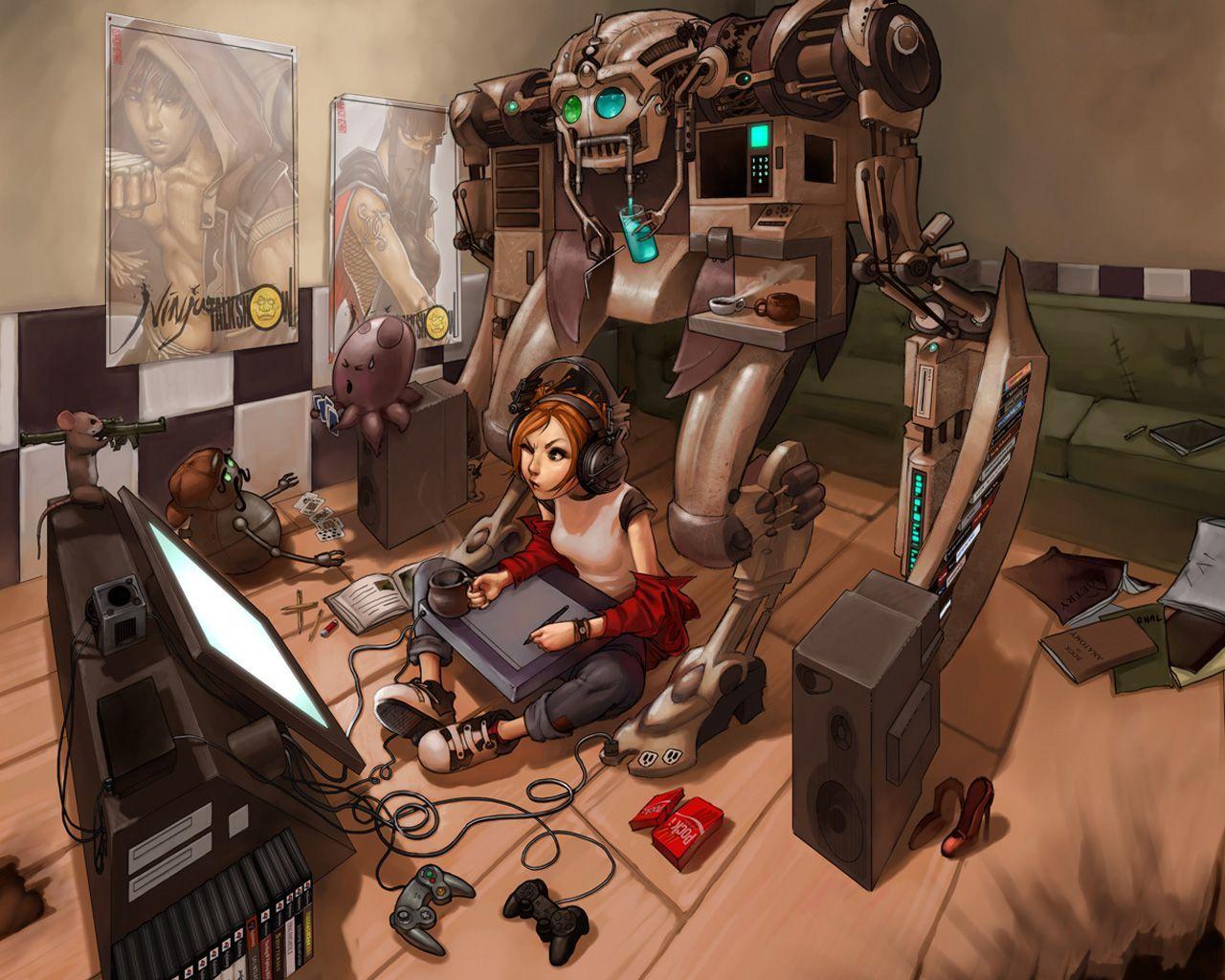 women video games robots cyberpunk graphics tablets soft shading