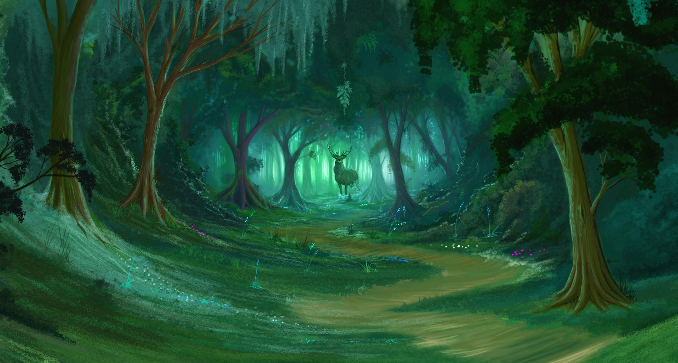 Fantasy Forest Landscape Background. Simple Forest Sunrise
