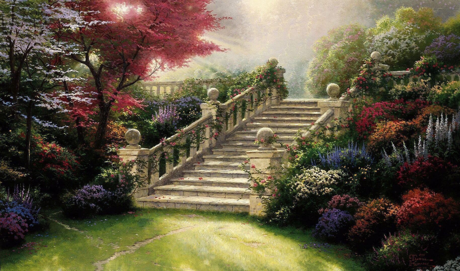 Other: Thomas Kinkade Stairway Paradise Orig Flowers Painting Summer