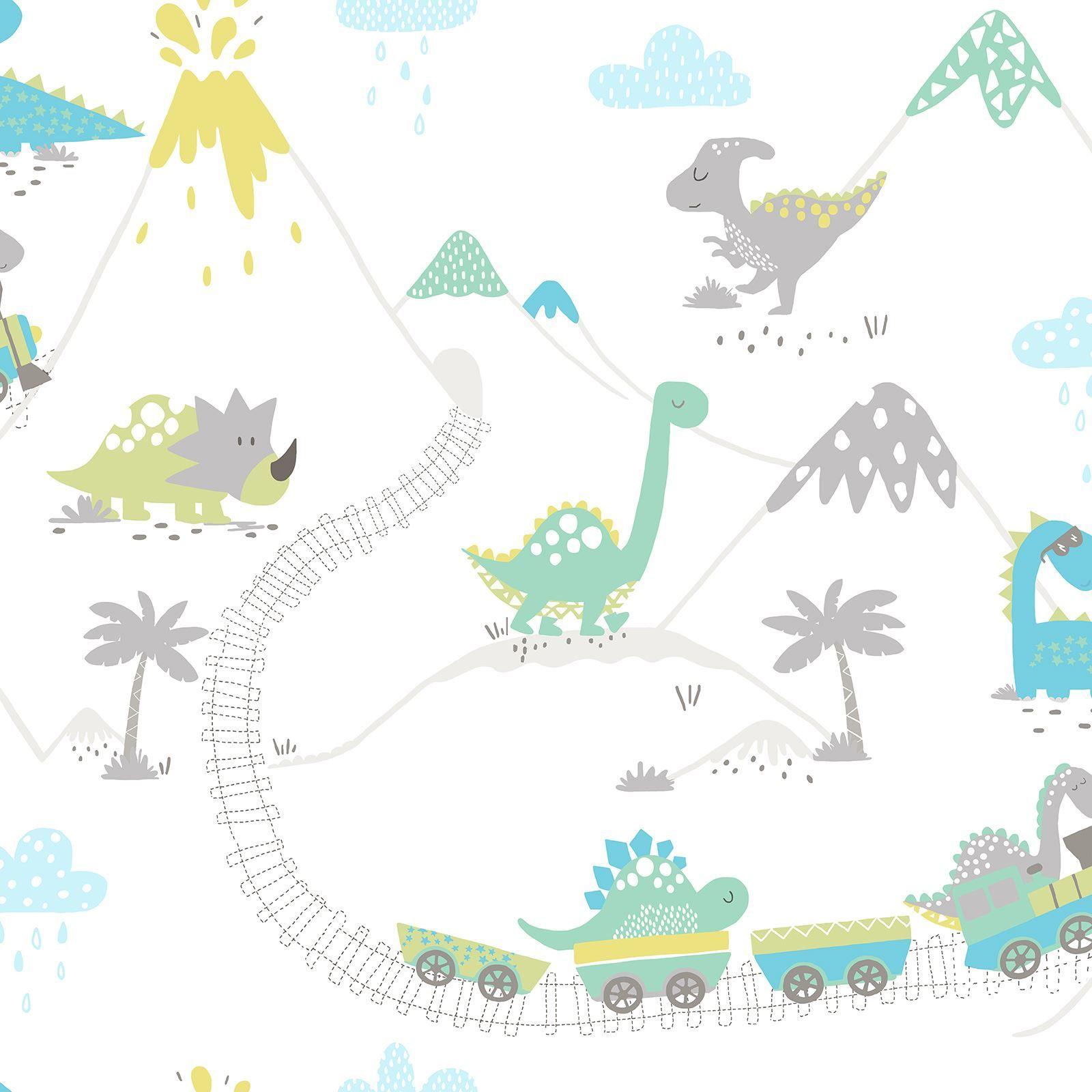 Dino Town Grey Soft Teal Kids Dinosaur Wallpaper