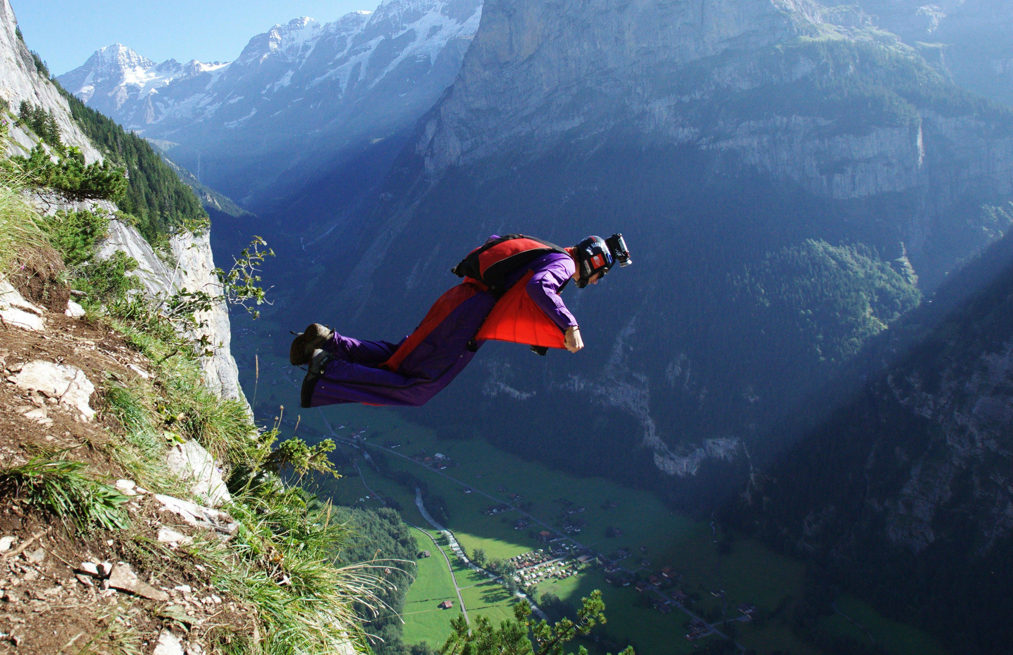 Wingsuit parachute flying fly flight extreme birdman diving skydive