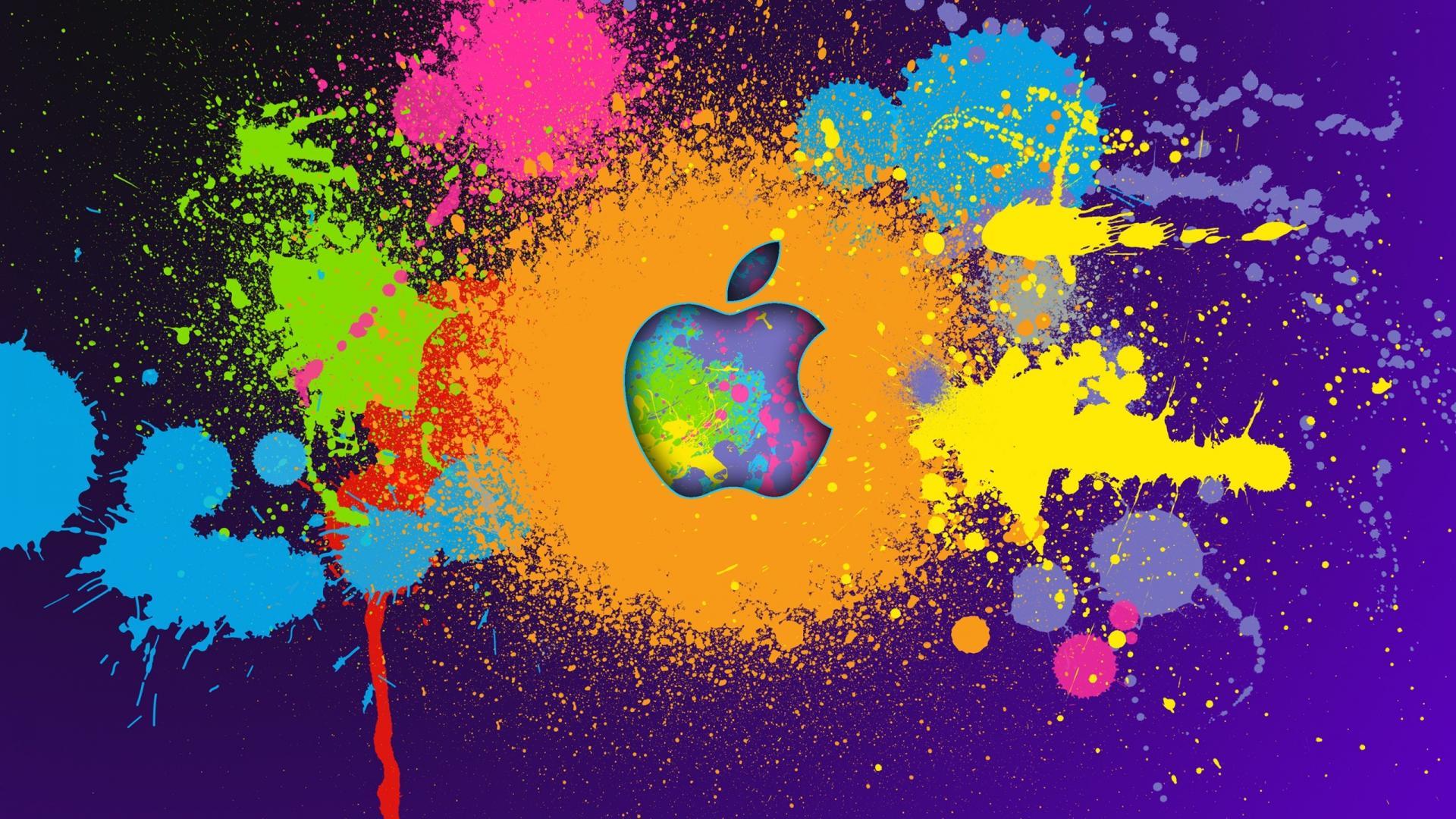 Multicolor apple inc. purple background paint splatter wallpaper