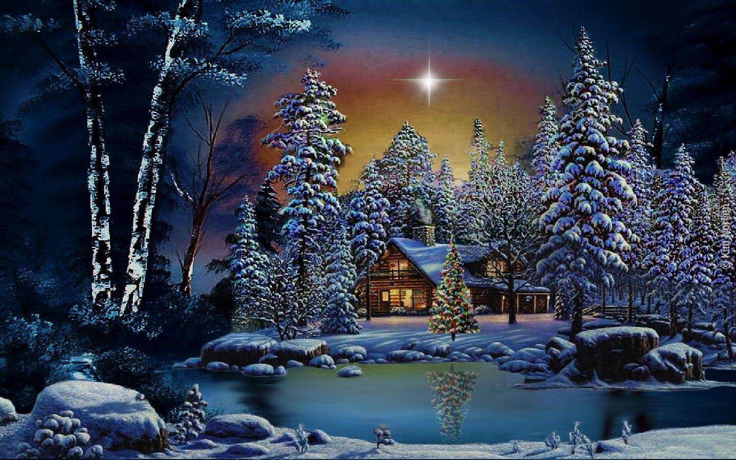 Winter: River Winter Night Cottage Tree Wallpaper Snow Scenes for HD