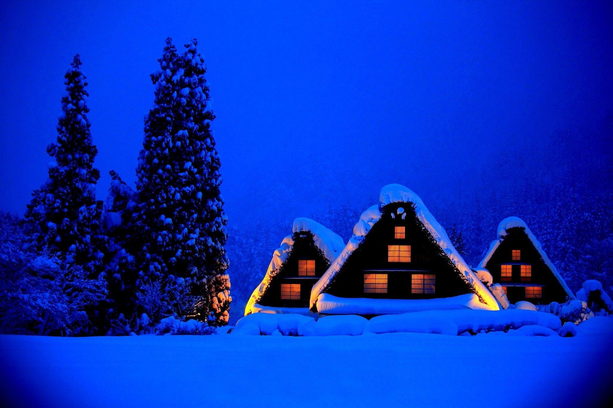 Winter: Landscape Night Cottage Blue Nature Houses Winter Trees Time