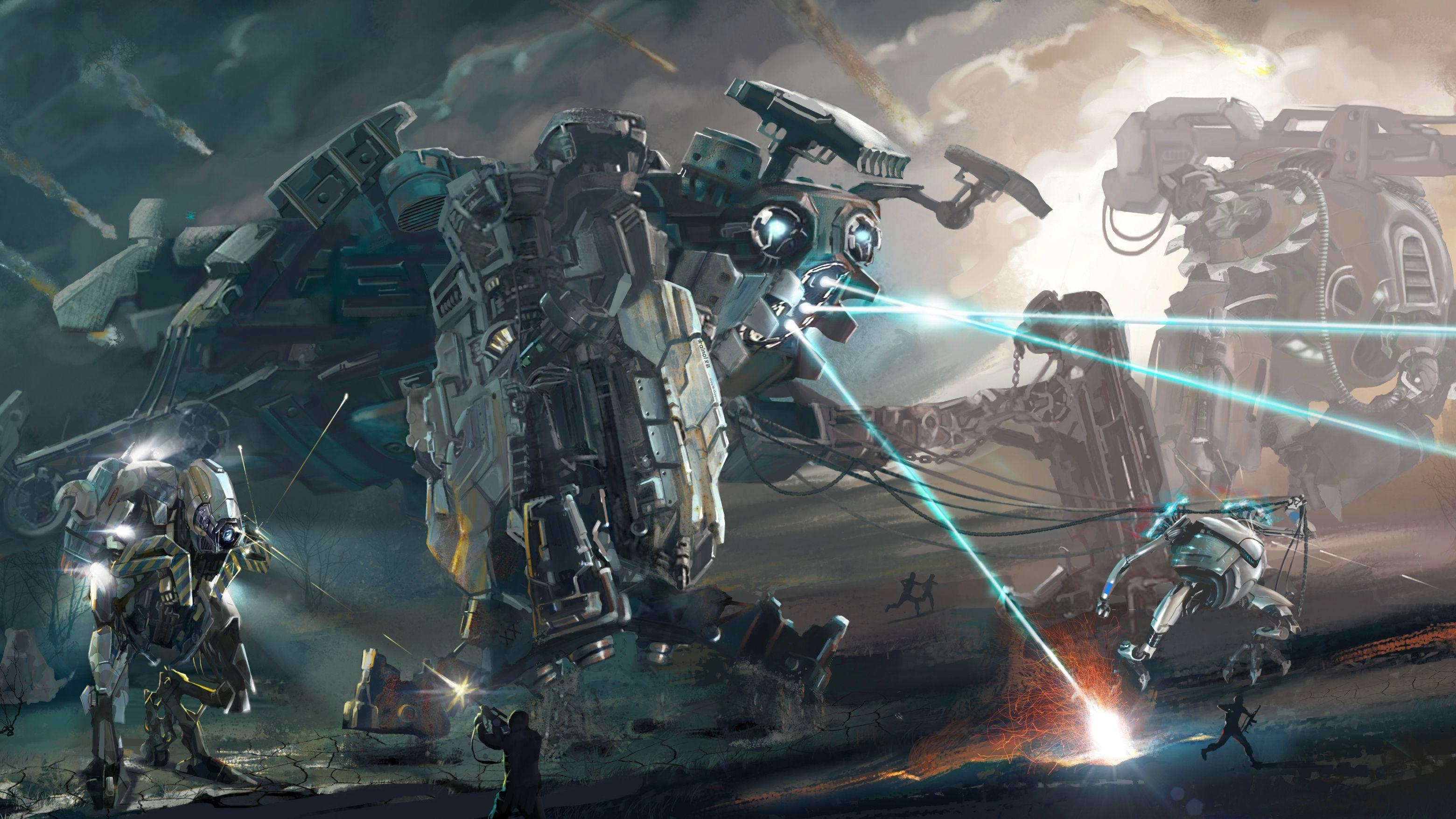 Battles Robot Firing Fantasy Mecha Battle Wallpaper 3120x1755. Sci