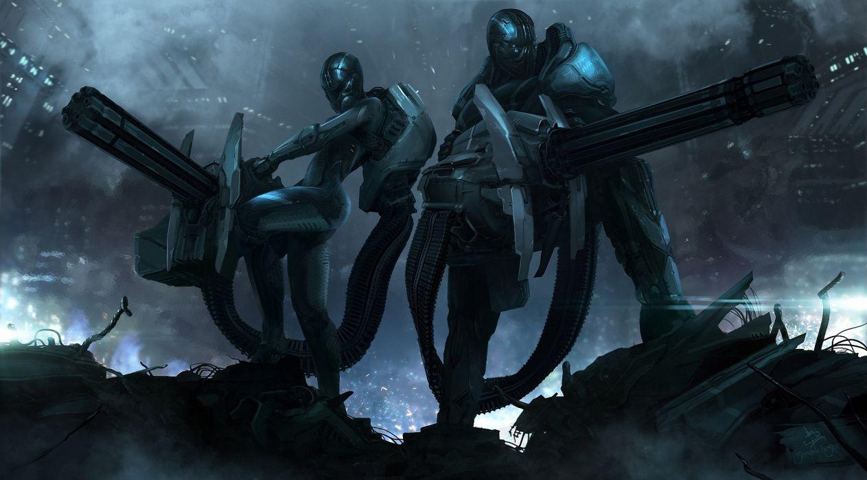 Sci fi art futuristic cyborgs robots battle war mech weapons guns