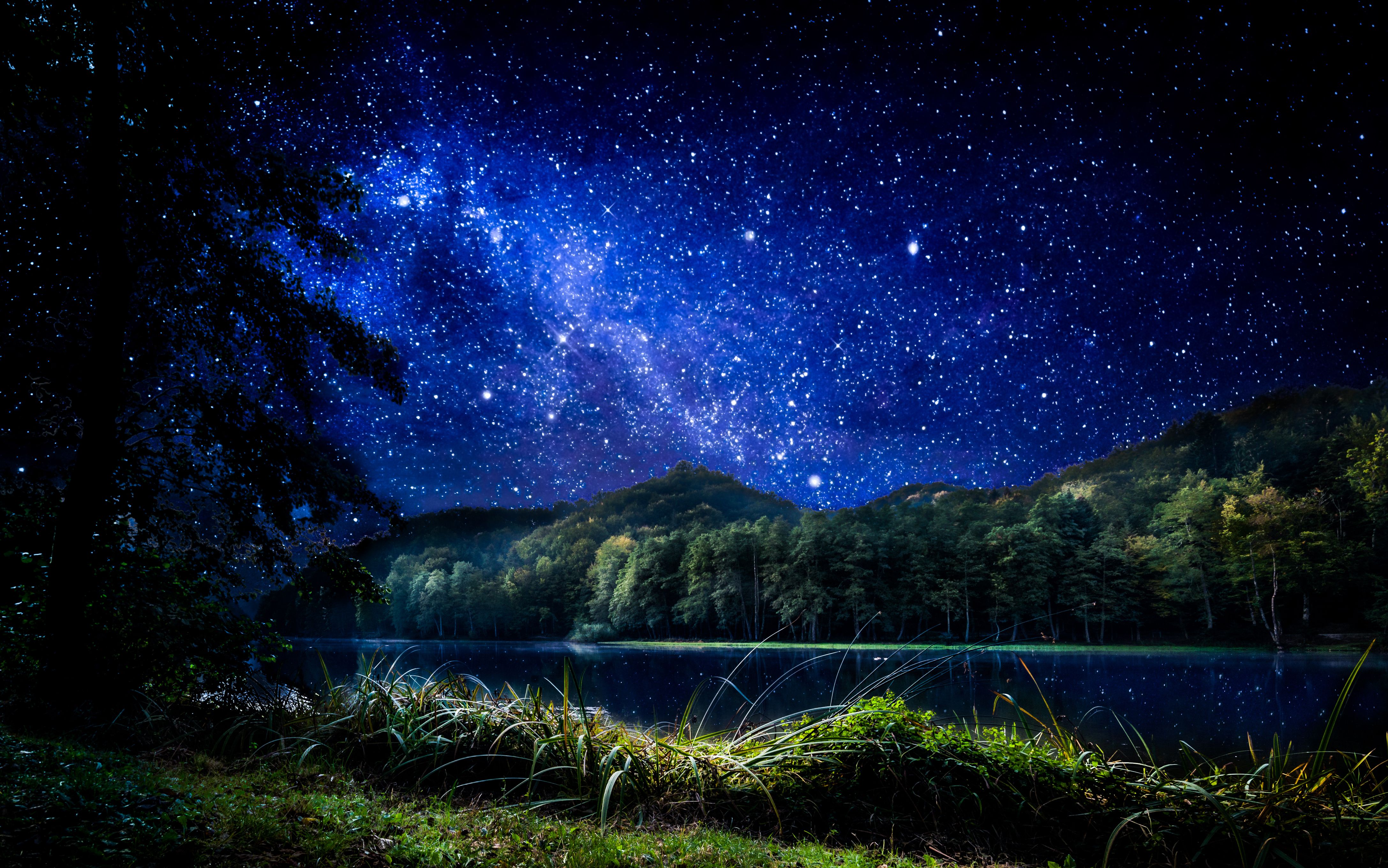 Starry Sky over Mountain and Lake 4k Ultra HD Wallpaper