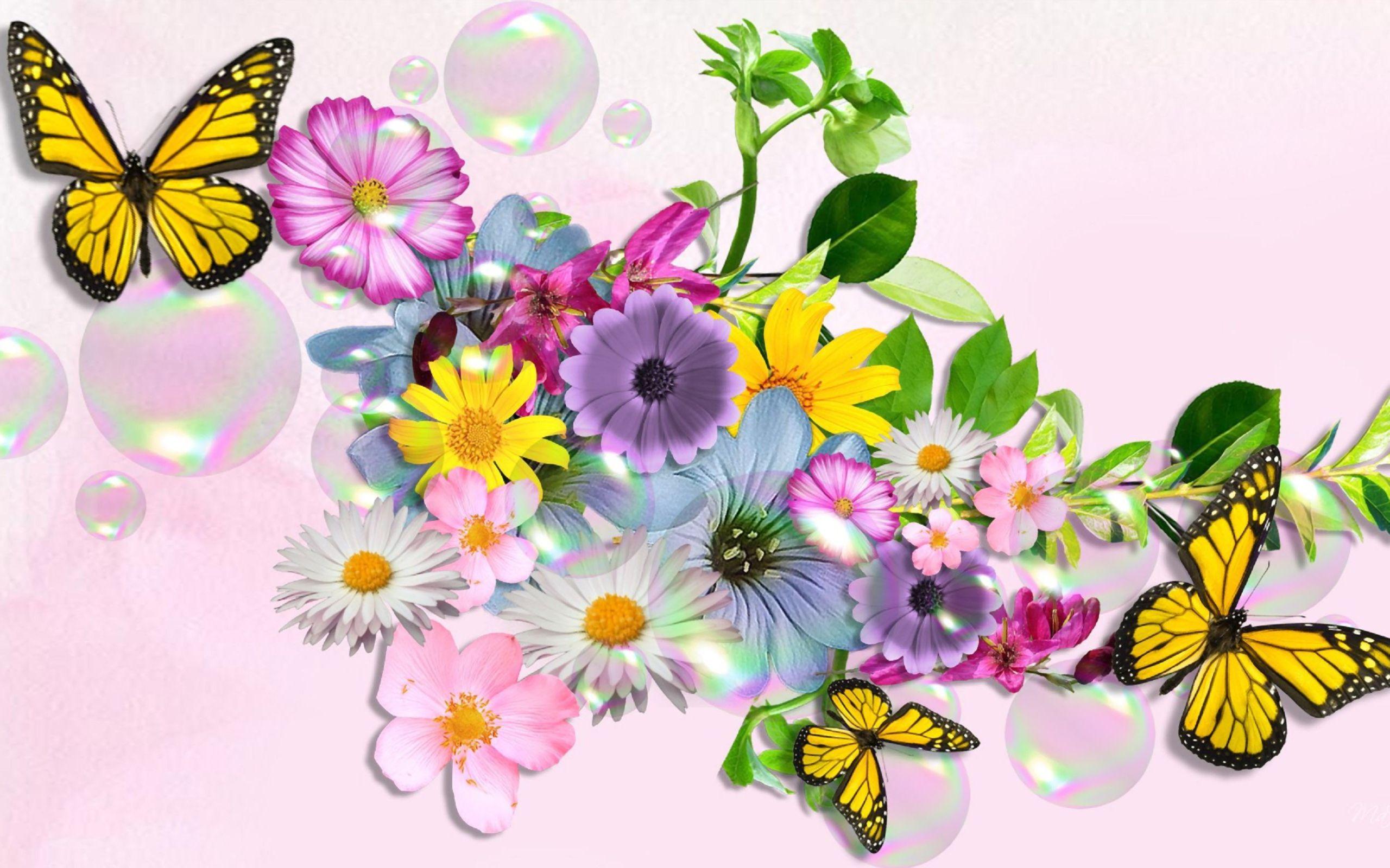 Flowers and Butterflies Full HD Wallpaper