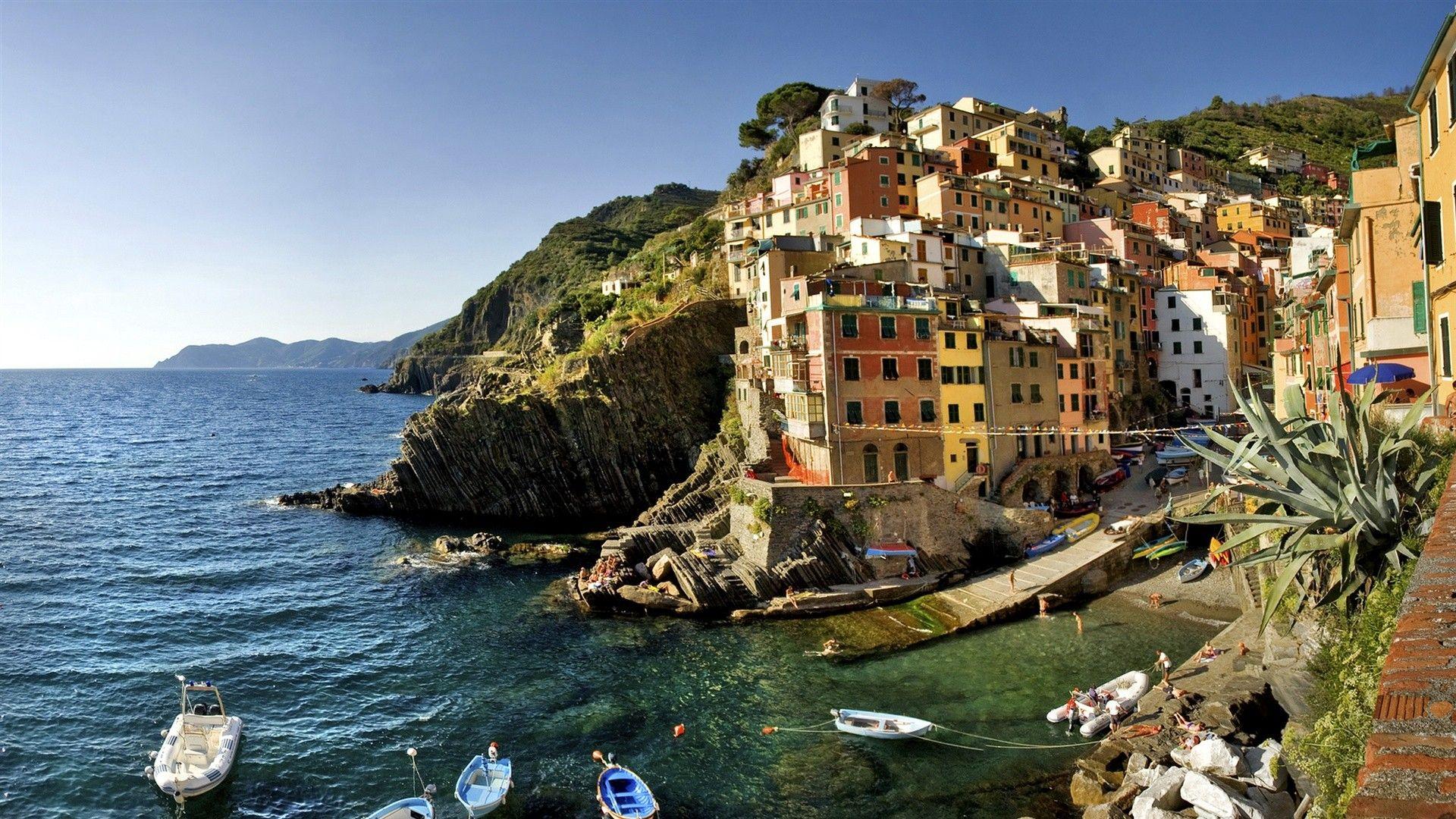 Download Wallpaper 1920x1080 italy, beach, boats, houses Full HD