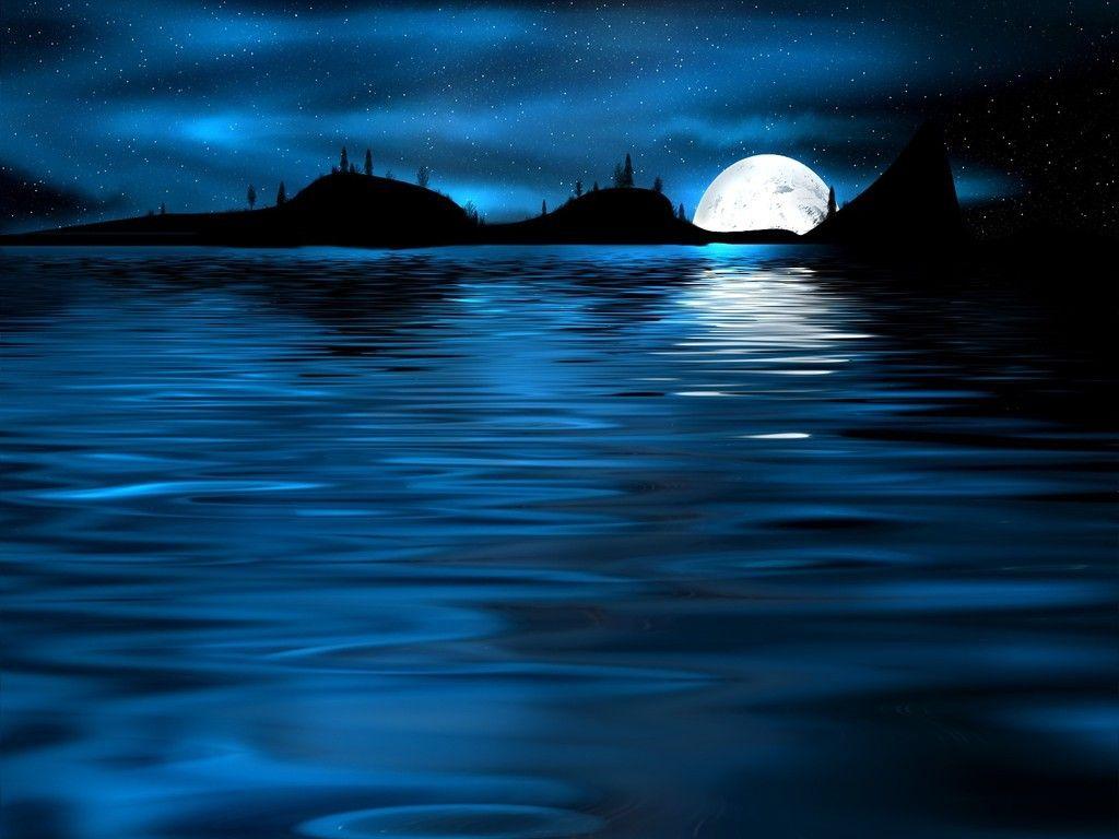 Oceans Blue Moon Night Bay Stars Mountains Water Ocean Wallpaper