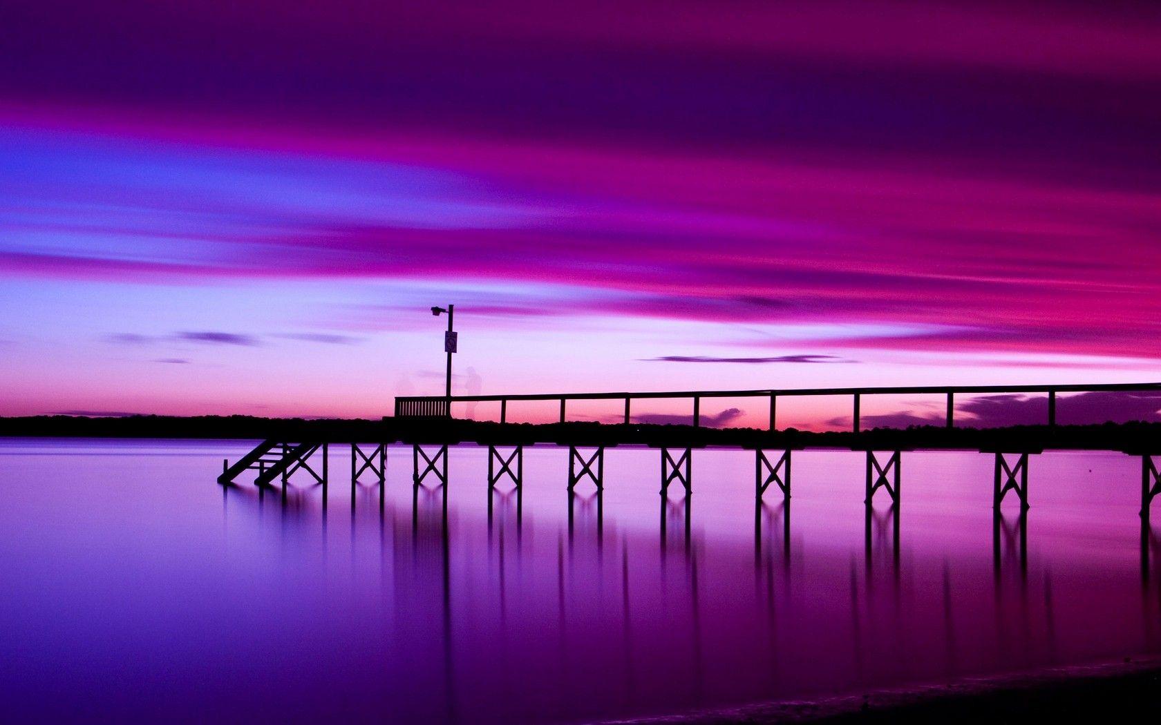 Sea Nature Pier Ocean Purple Sunset Clouds Sky Beautiful HD