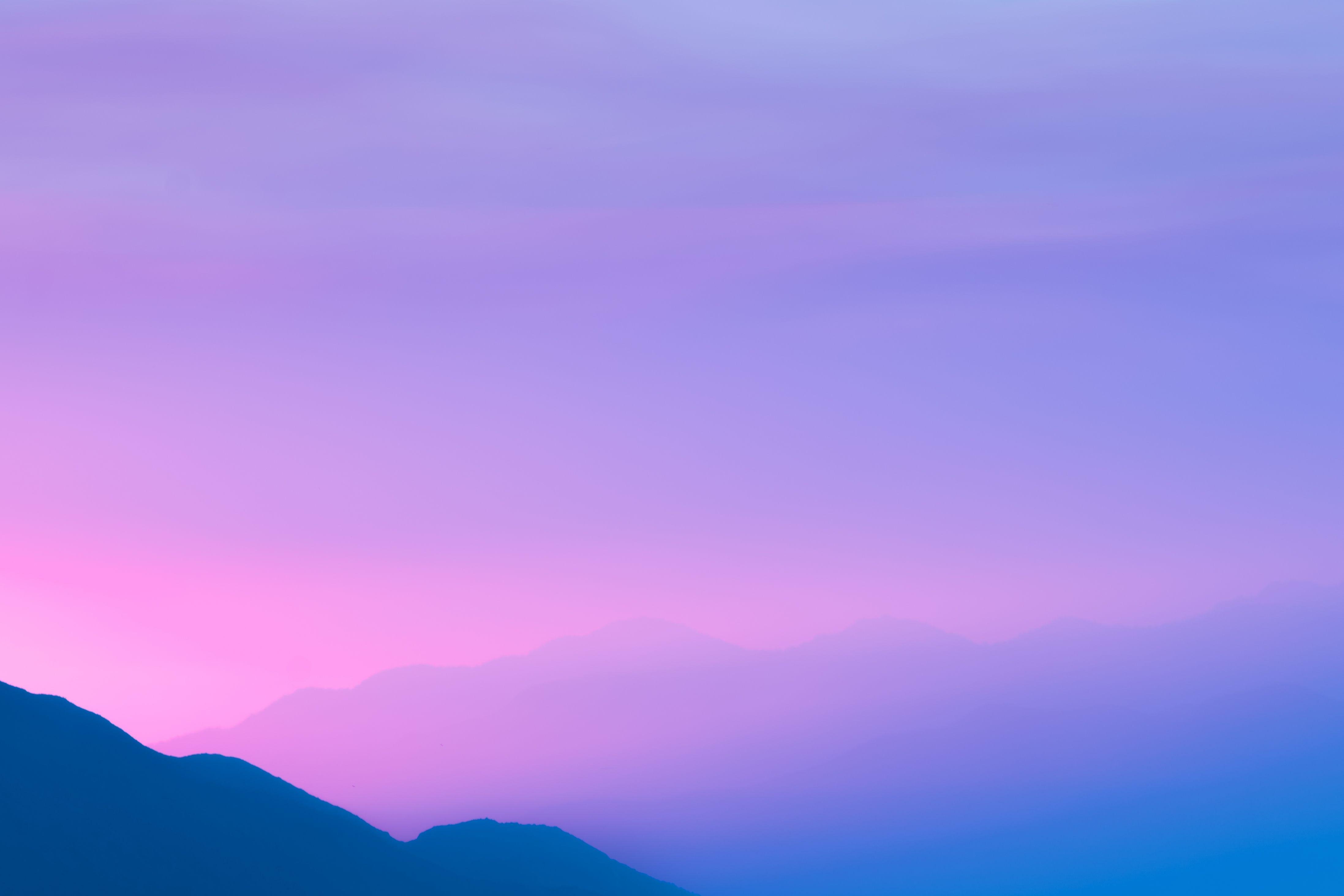 Wallpaper Mountains, Foggy, Purple sky, Sunset, Silhouette, HD, 4K