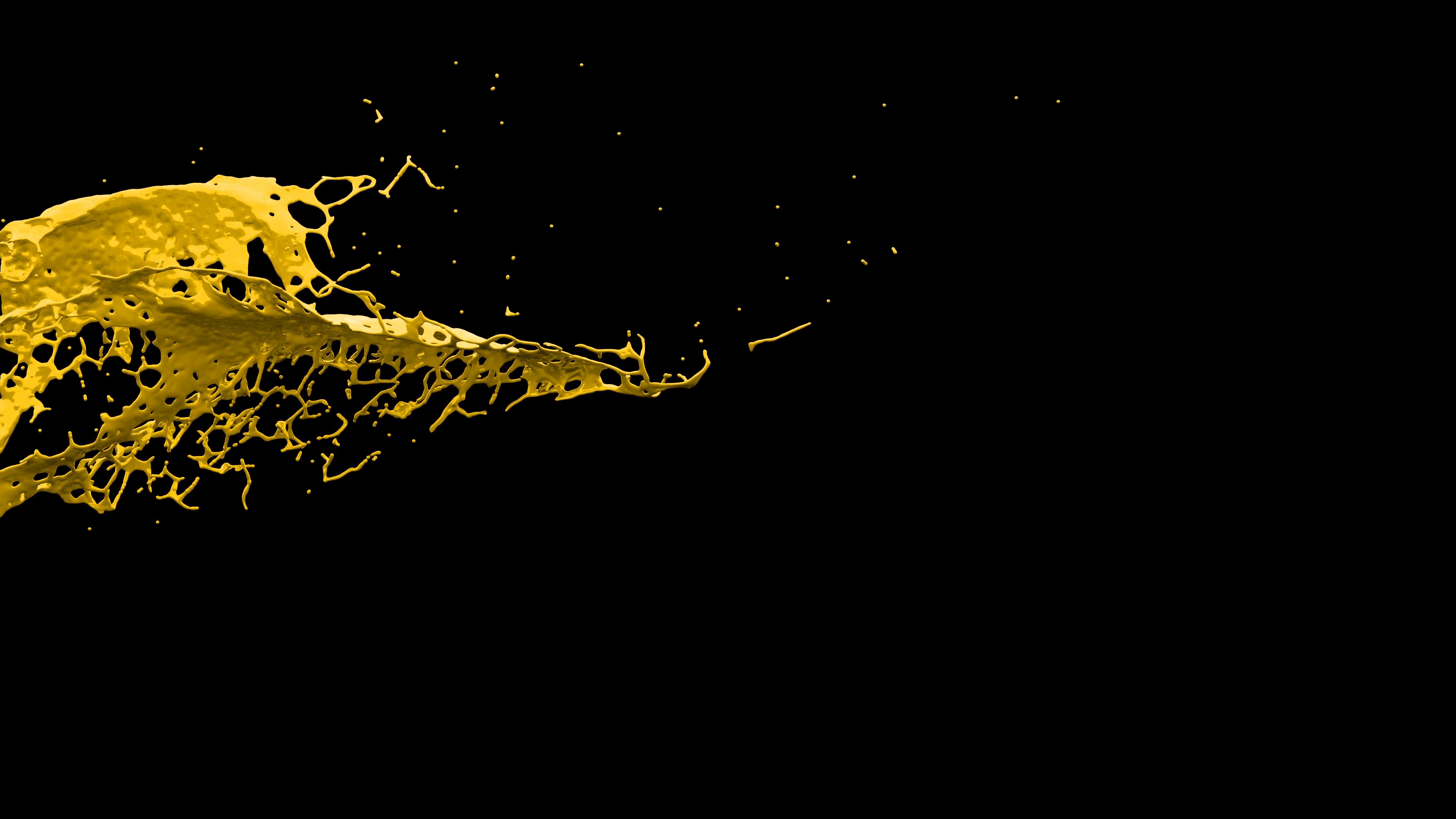 4K Slow Motion Yellow Paint 3D Splash On Black Background With Alpha