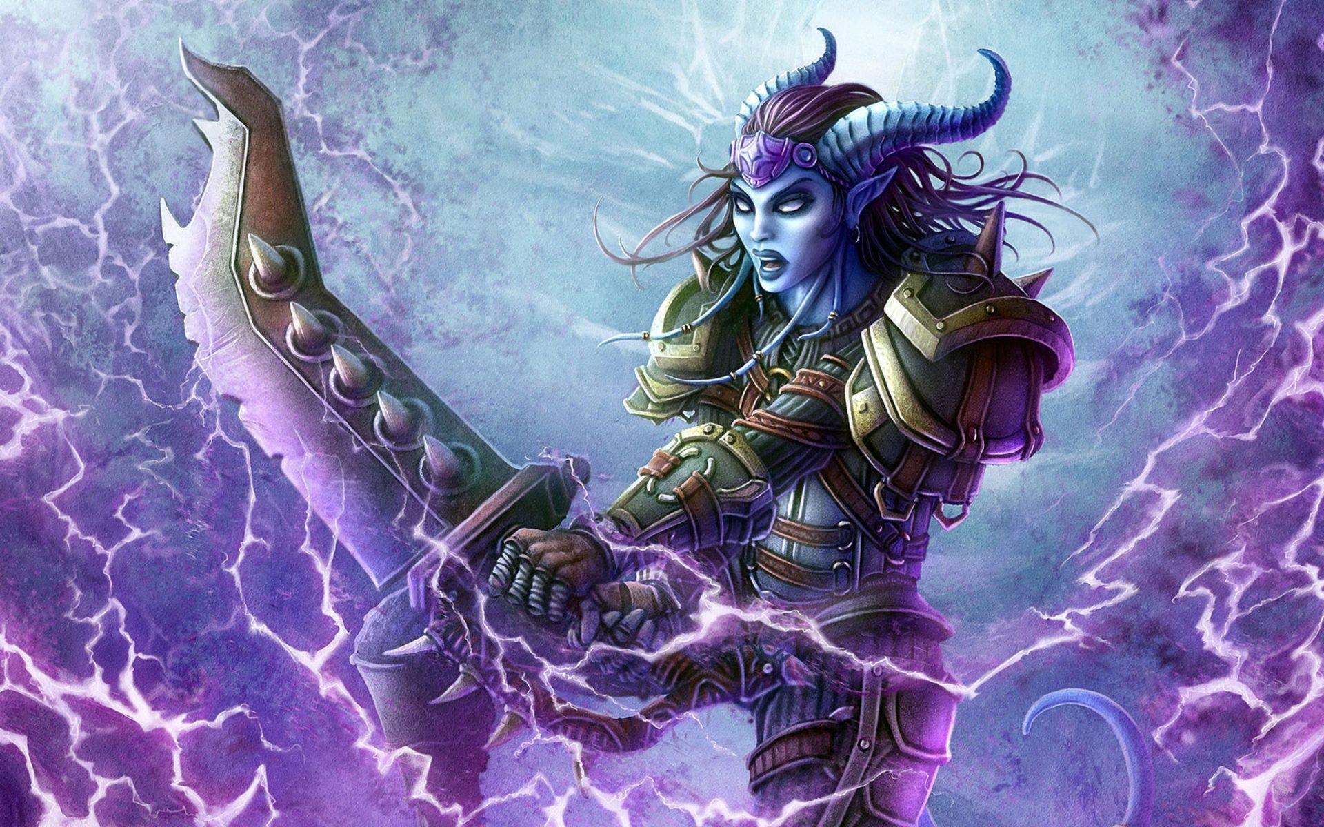 Video game World Of Warcraft night elf hunter magic sword horn