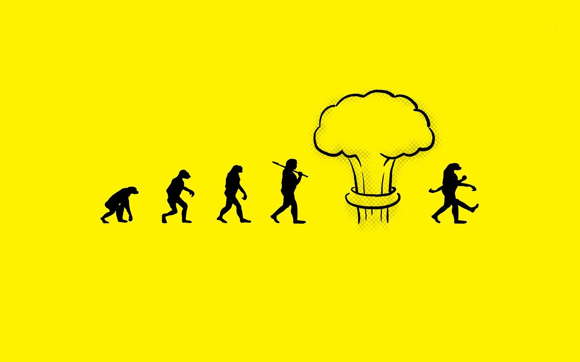 funny, evolution, atomic bomb, yellow background, Nuke wallpaper