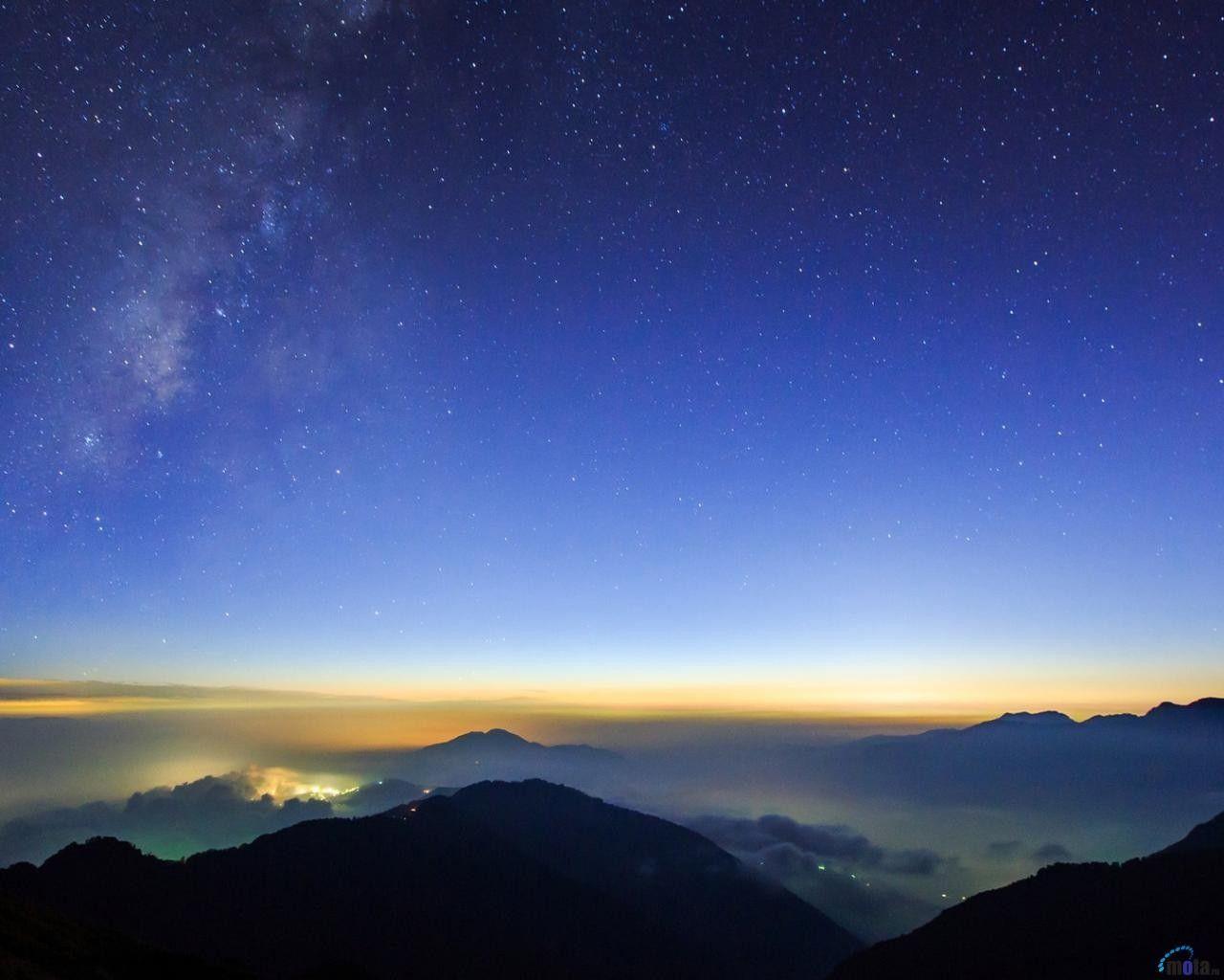 Mountains: Night View Mountain Blue Tree Starry Sky Wallpaper Winter