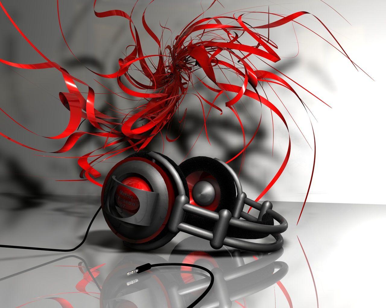headphones, music, red wallpaper