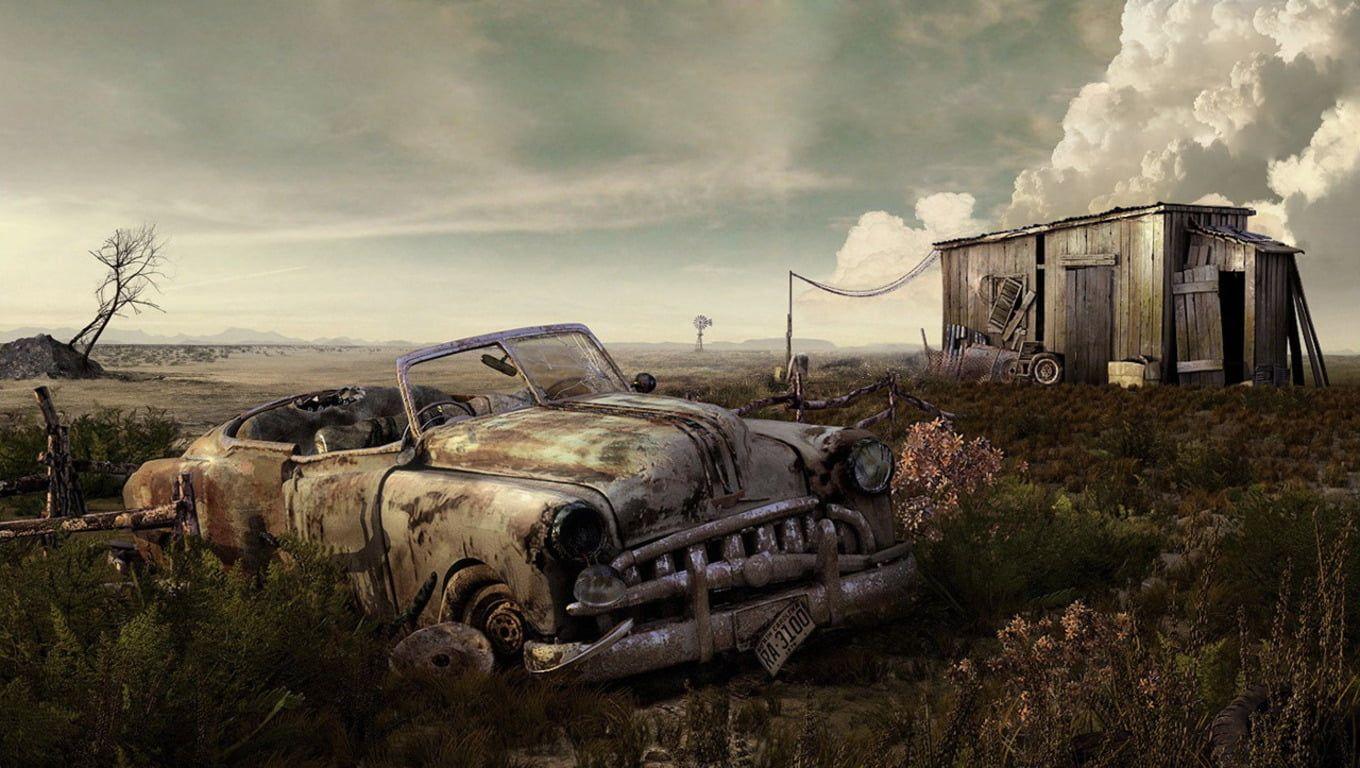 Classic coupe and shed digital wallpaper, Fallout, wasteland, video