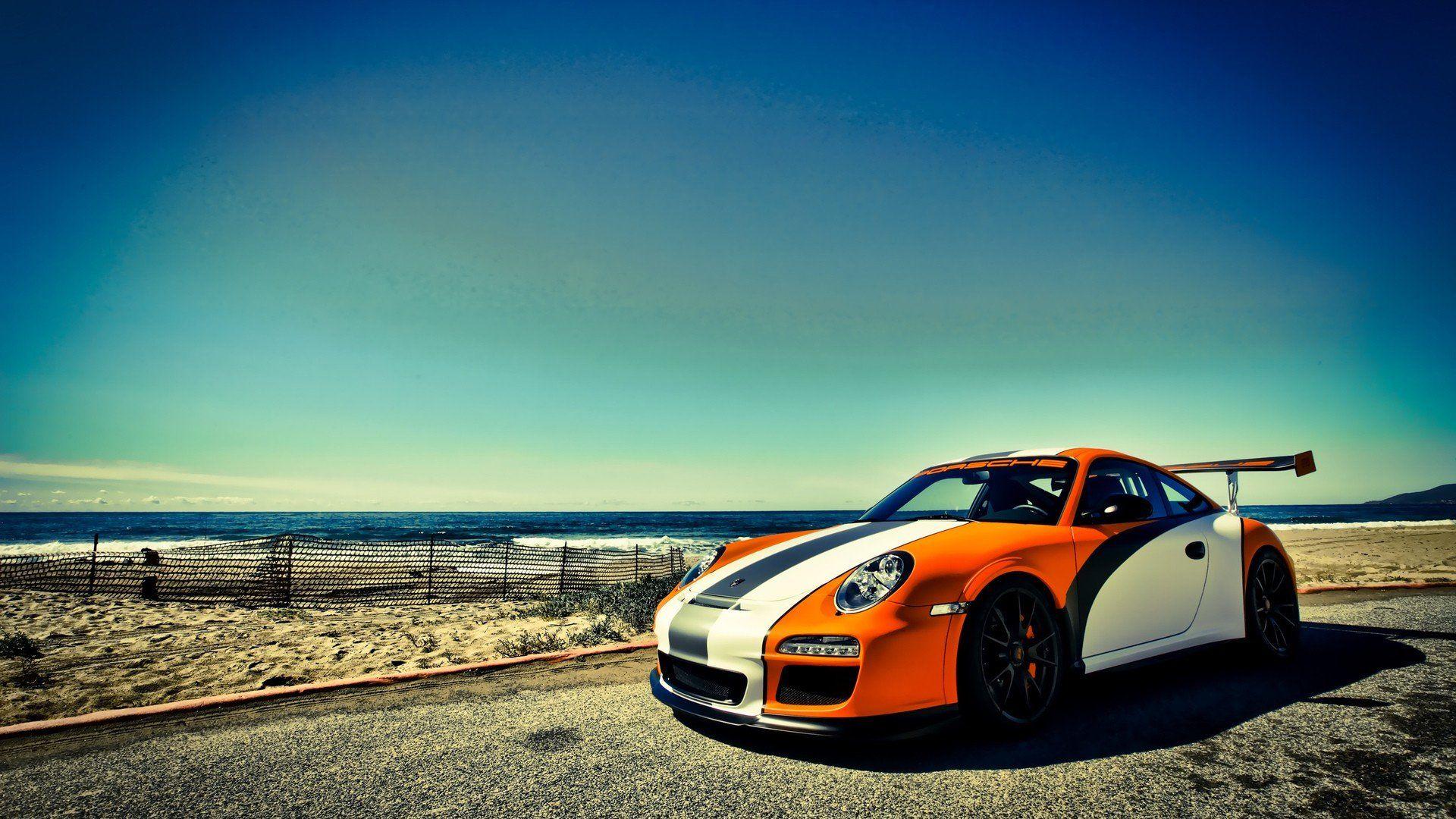 Beaches Cars Luxury Sport Orange Porsche 911 GT3 RS Sea Skyscapes