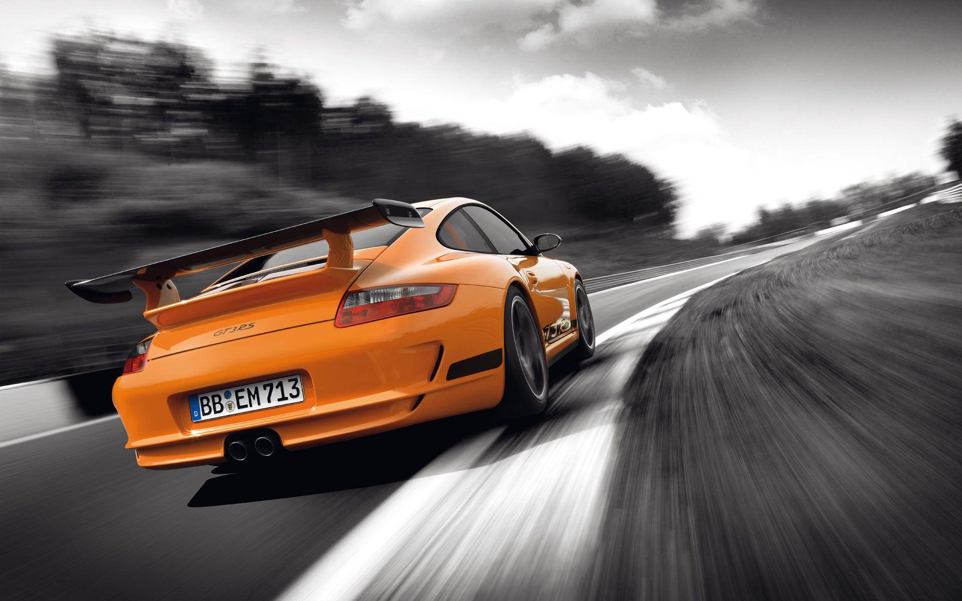 Download desktop wallpaper Orange Porsche GT3 RS in black and white road