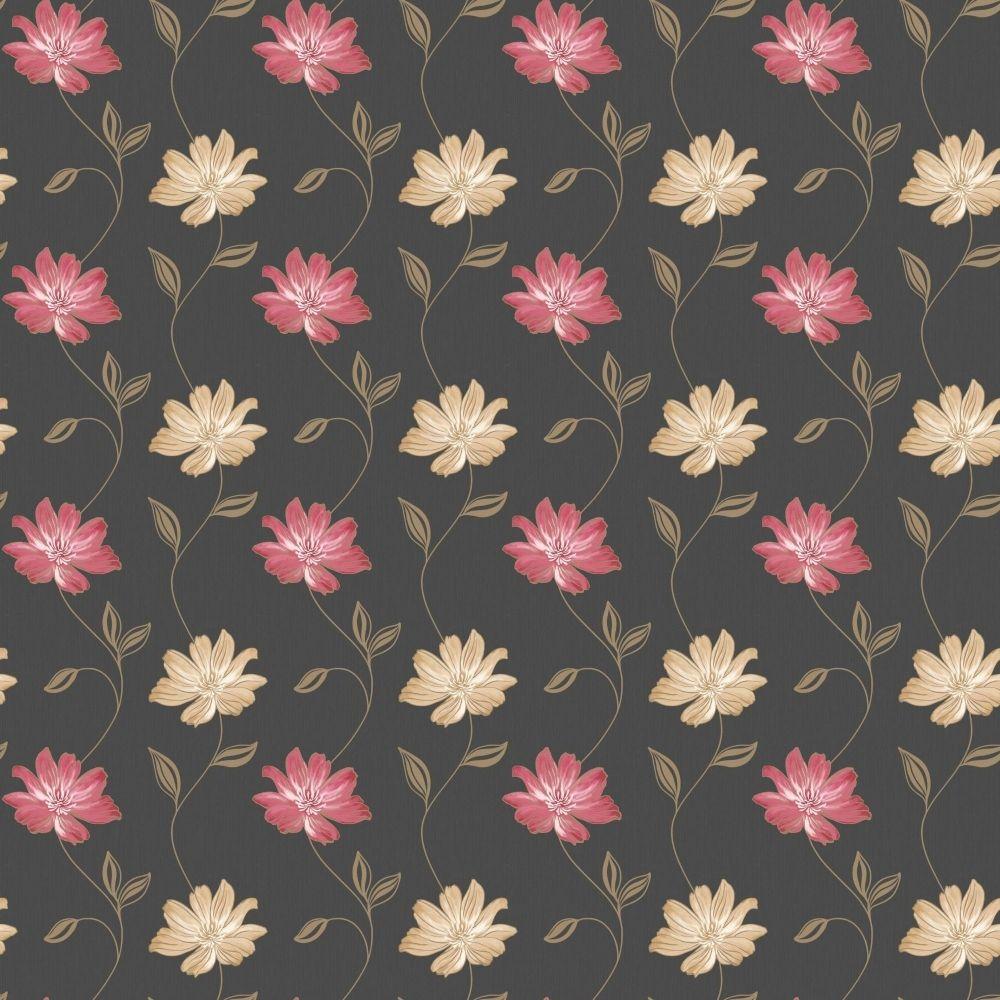Muriva Emily Floral Wallpaper Black / Red / Gold / Peach 120101