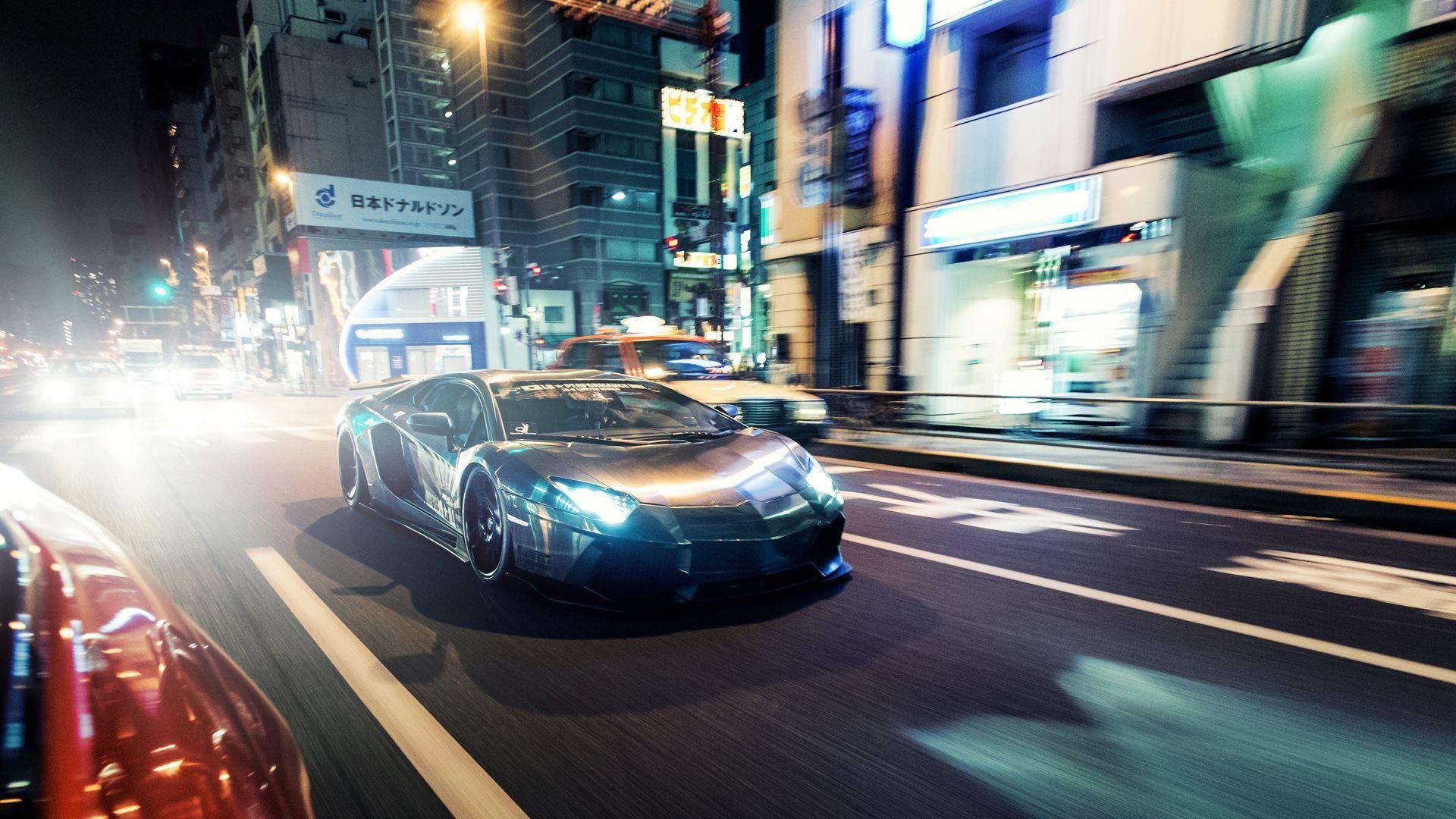 Driving Luxury Lamborghini Aventador City Streets Night Lights