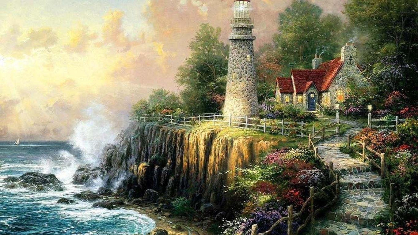 Ocean: Kinkade Painting Art Lighthouse Sea Thomas Ocean Desktop