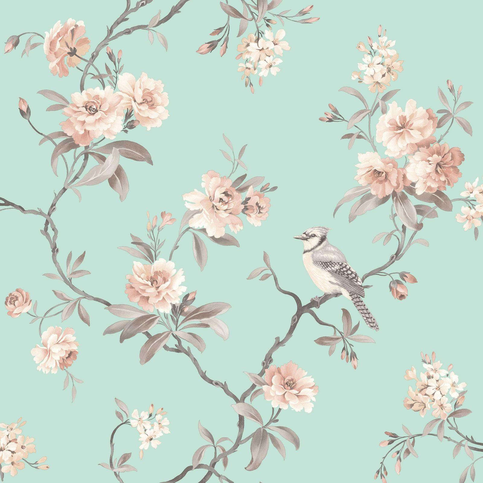 FINE DECOR CHIC FLORAL CHINOISERIE BIRD WALLPAPER IN GREY TEAL PINK