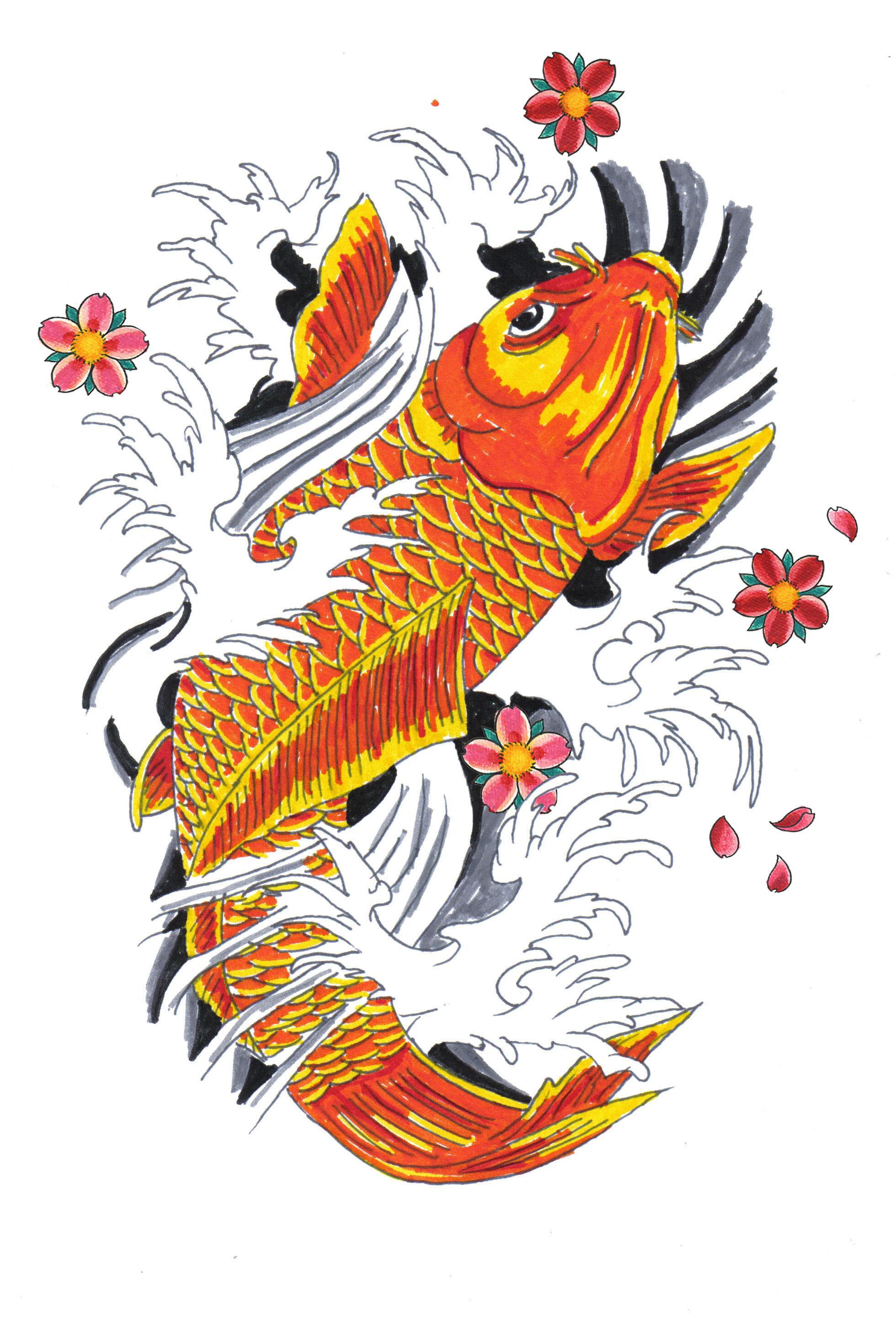 Nice Flowers And Carp Fish Tattoo Design