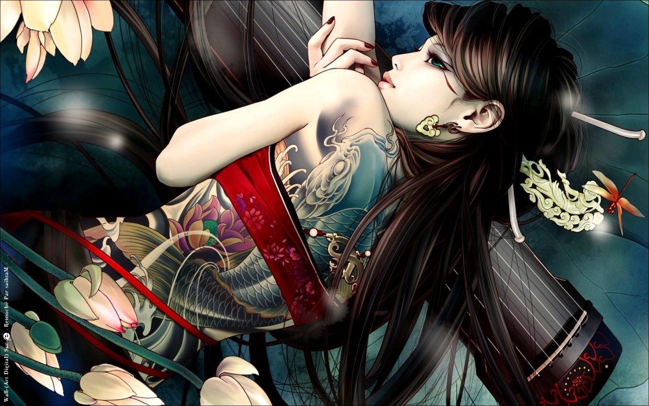 Girl Brunette Koi Tattoo wallpaper. Girl Brunette Koi Tattoo stock