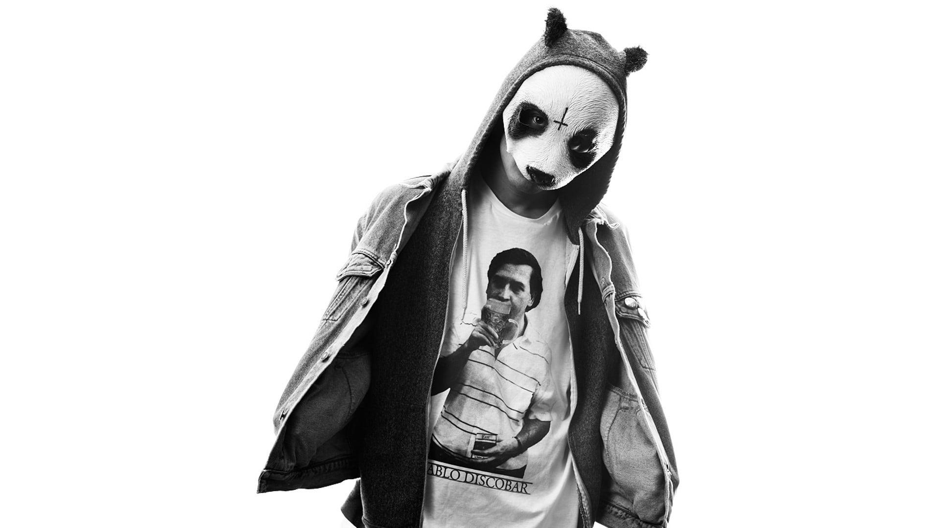 Person Wearing Panda Mask, Hoodie Jacket And White Crew Neck Shirt