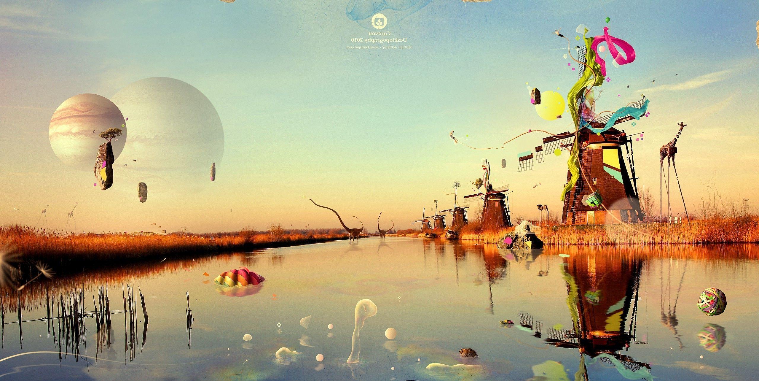 Desktopography, Surreal, Windmills, Water, Reflection, Giraffes