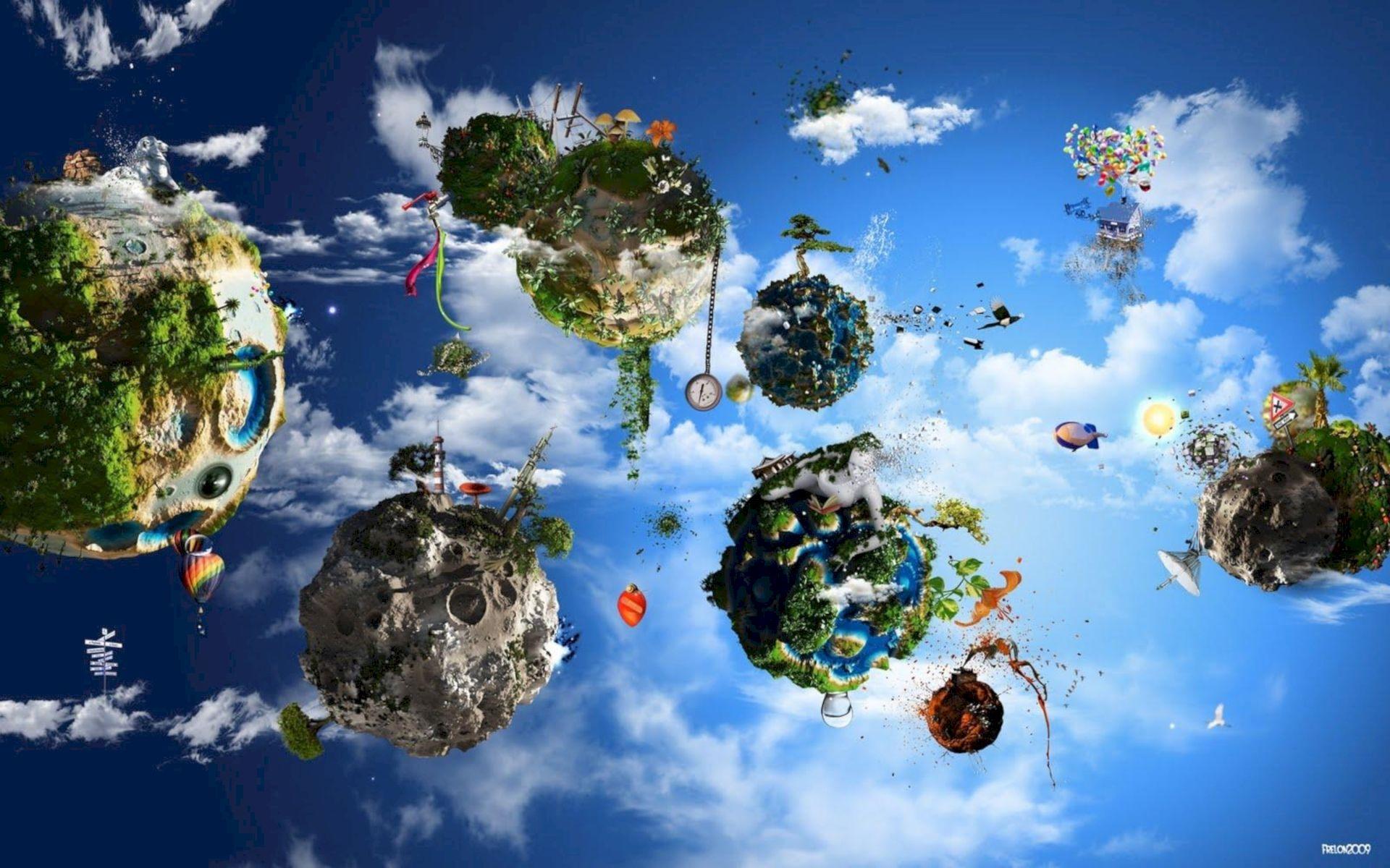 Surreal Wallpaper Flying Planets in Blue Sky