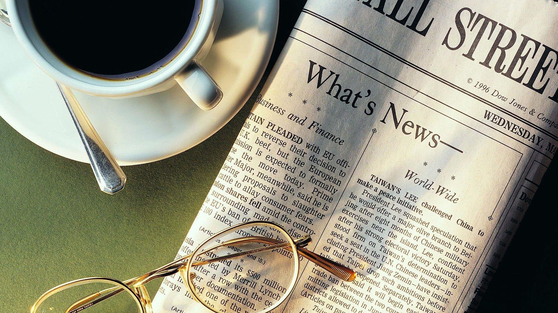 Download wallpaper 1920x1080 cup, coffee, newspaper, glasses