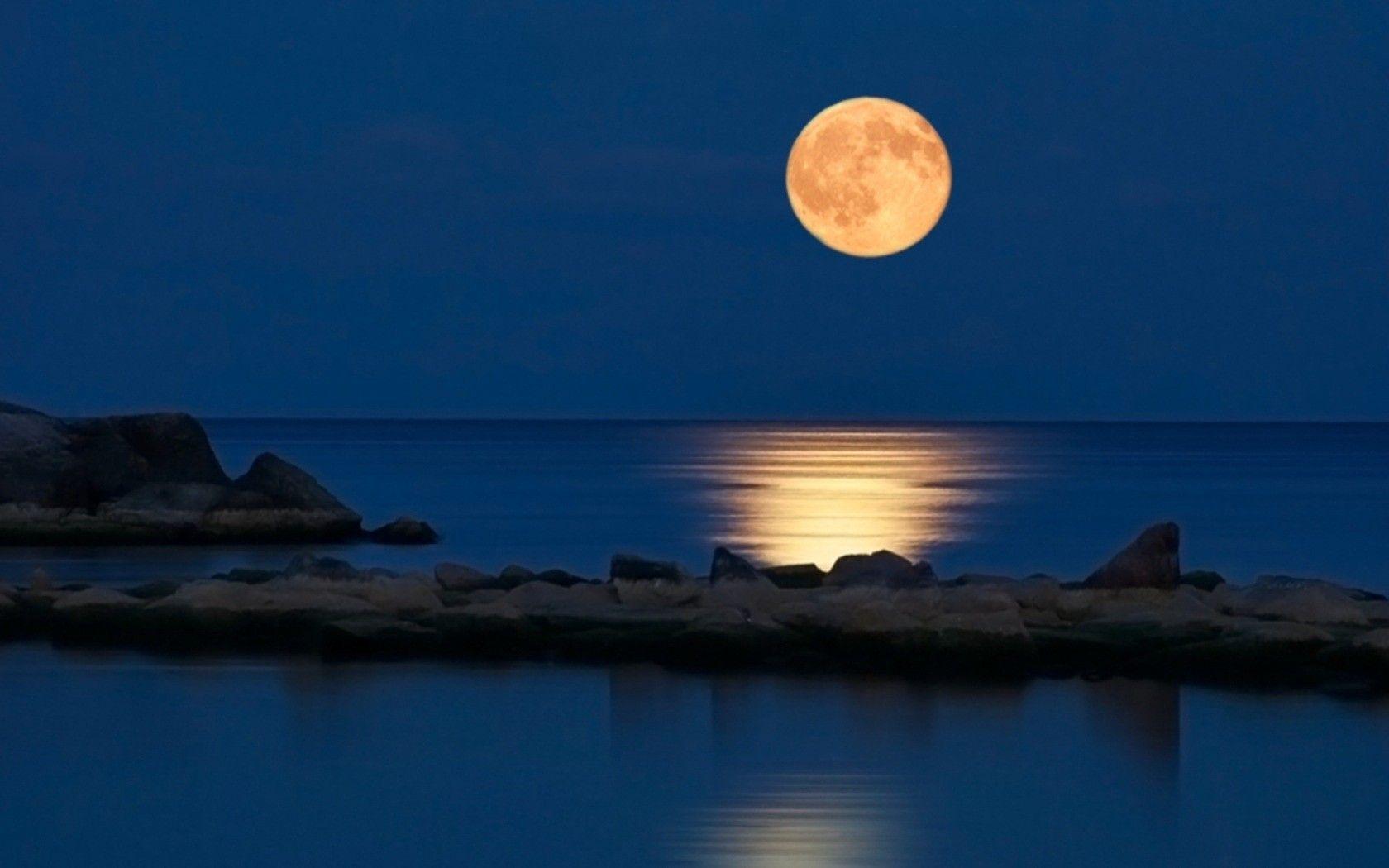 Ocean Night Bay Reflection Moonlight Sky Background Wallpaper