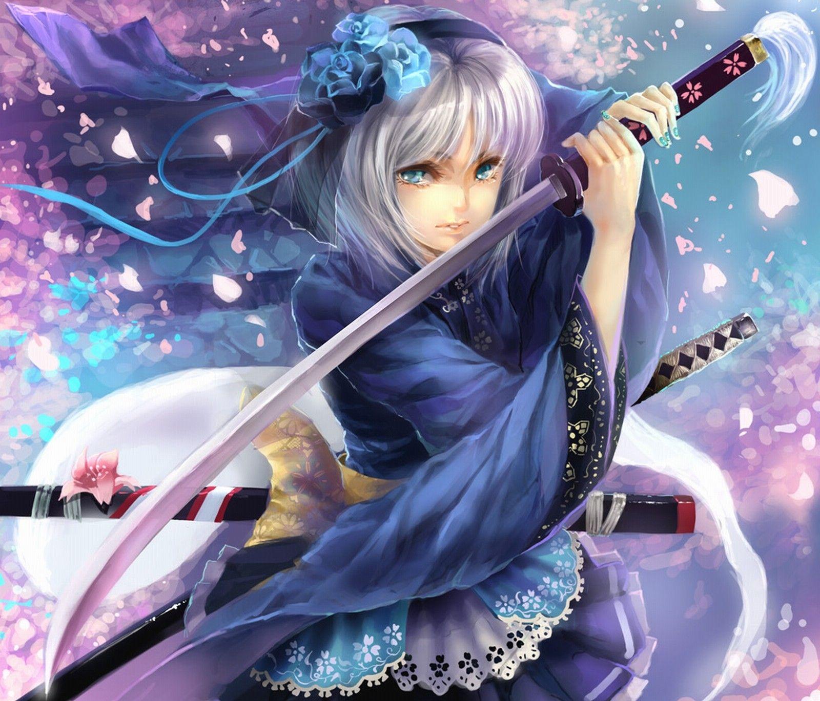 Touhou, blue eyes, katana, samurai, weapons, Konpaku Youmu, short hair, white hair, anime girls, hair band, swords wallpaper